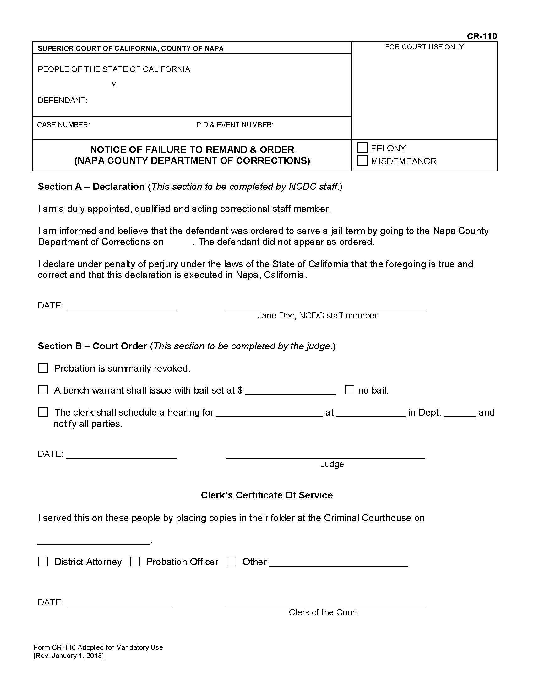 Notice Of Failure To Remand And Order (Napa County Department Of Corrections) {CR-110} | Pdf Fpdf Docx | California