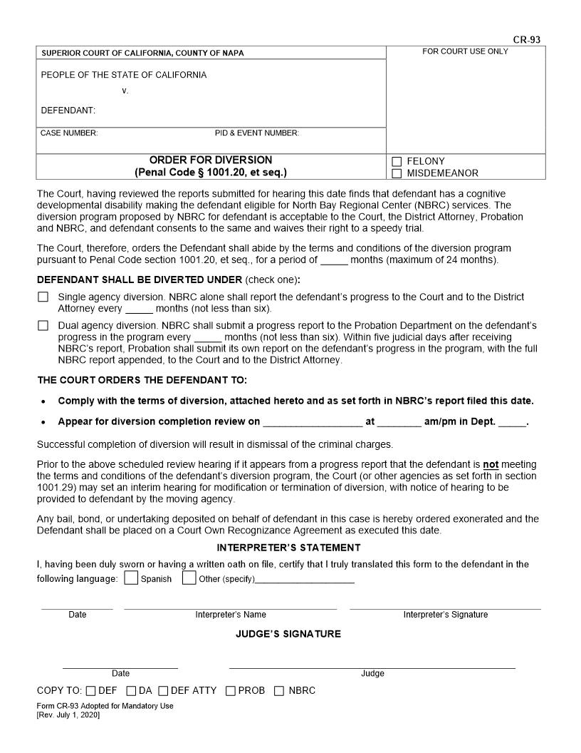 Order For Diversion {CR-93} | Pdf Fpdf Docx | California