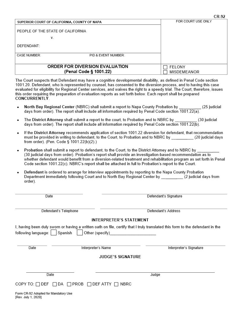Order For Diversion Evaluation {CR-92} | Pdf Fpdf Docx | California