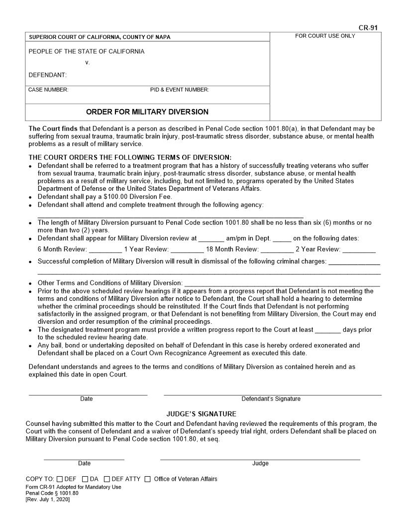 Order For Military Diversion {CR-91} | Pdf Fpdf Docx | California