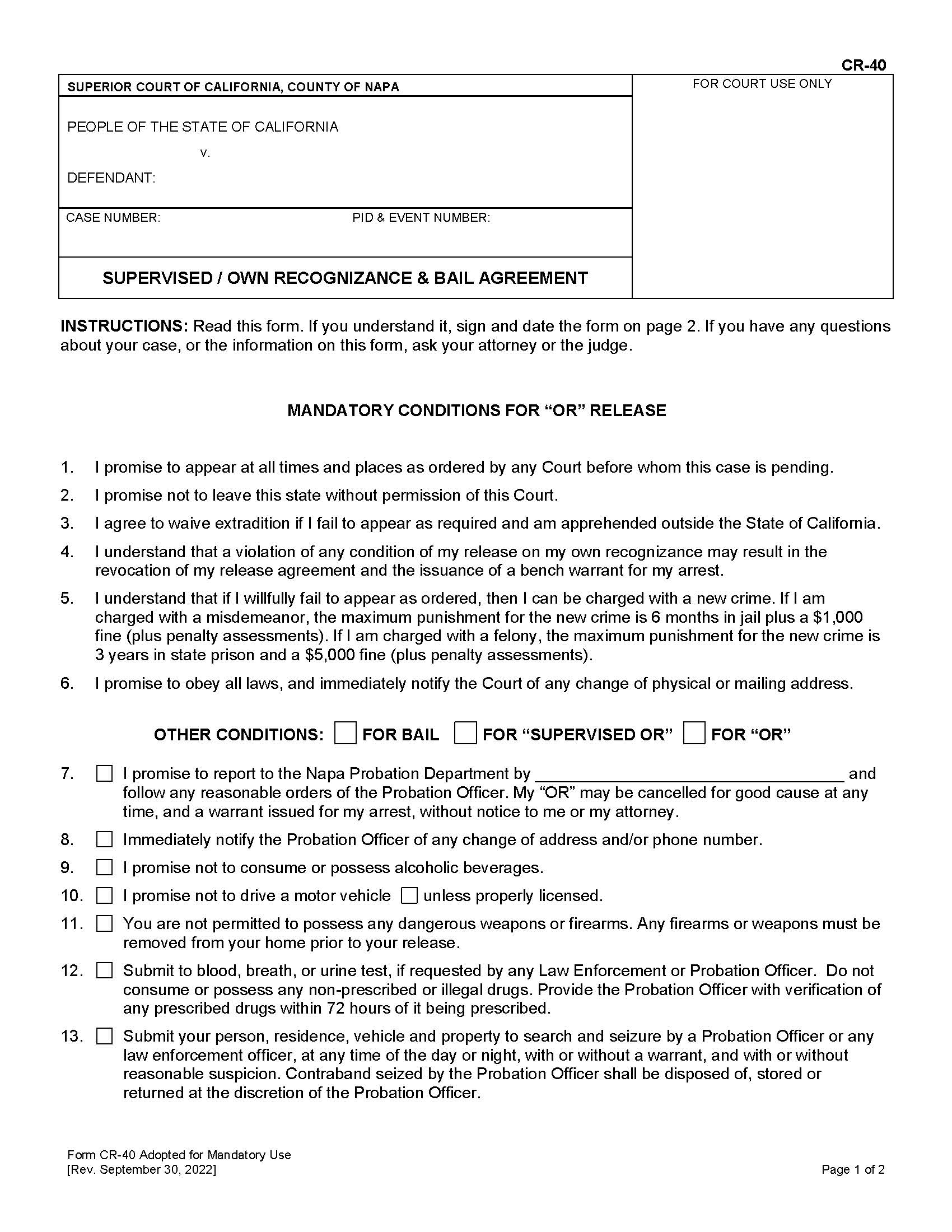 Own Recognizance And Bail Agreement {CR-40} | Pdf Fpdf Docx | California
