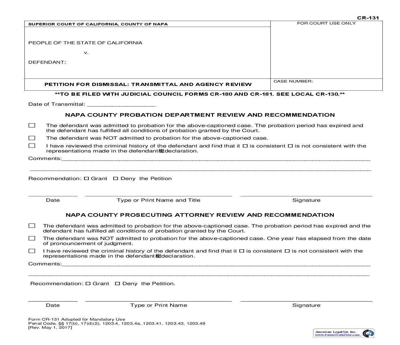Petition For Dismissal-Transmittal And Agency Review {CR-131} | Pdf Fpdf Doc Docx | California