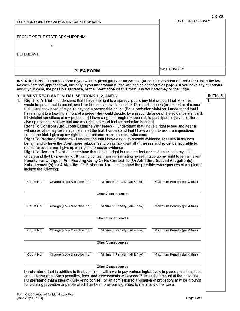Plea Form (Represented) {CR-20} | Pdf Fpdf Docx | California