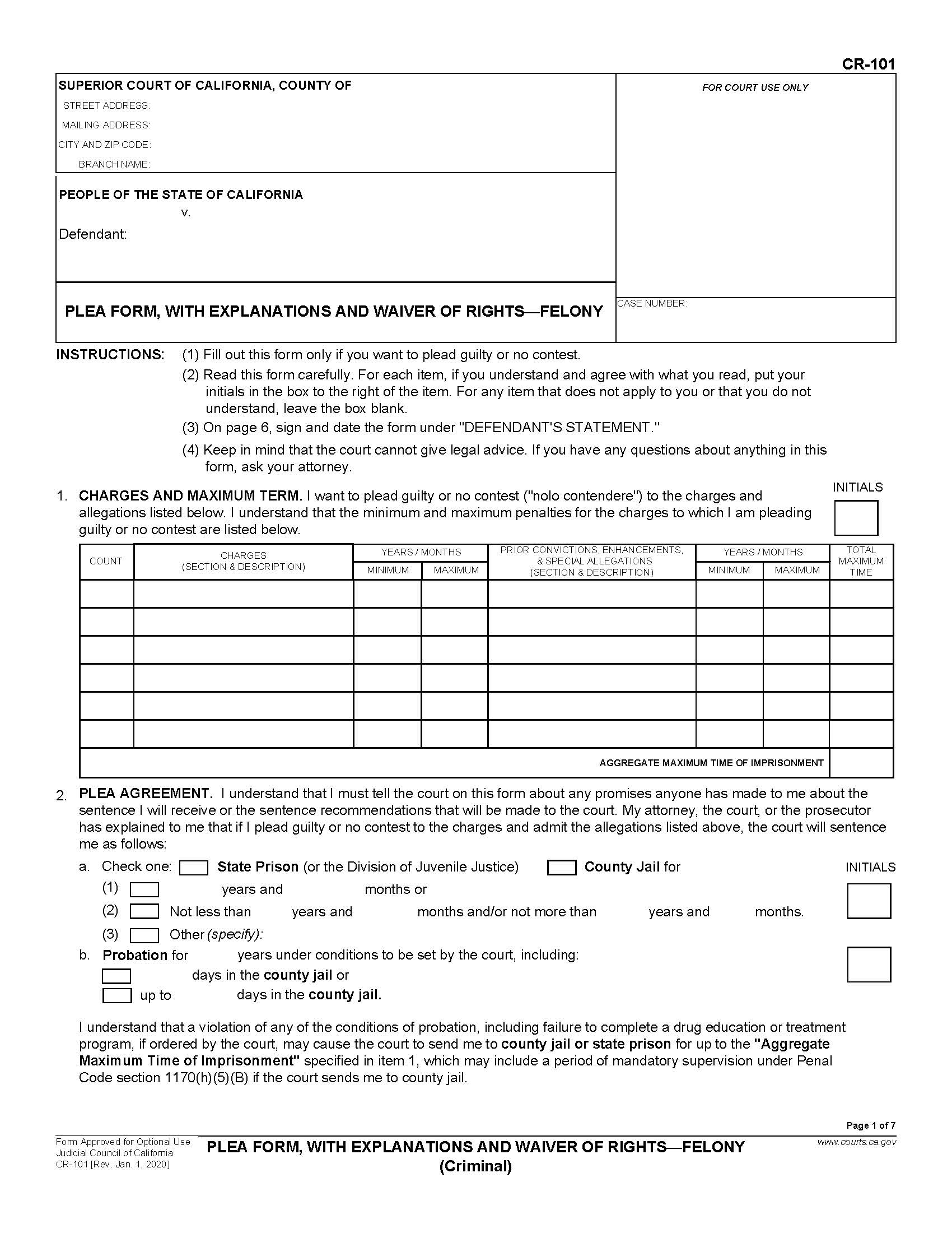 Plea Form With Explanations And Waiver Of Rights-Felony {CR-101} | Pdf Fpdf Docx | California