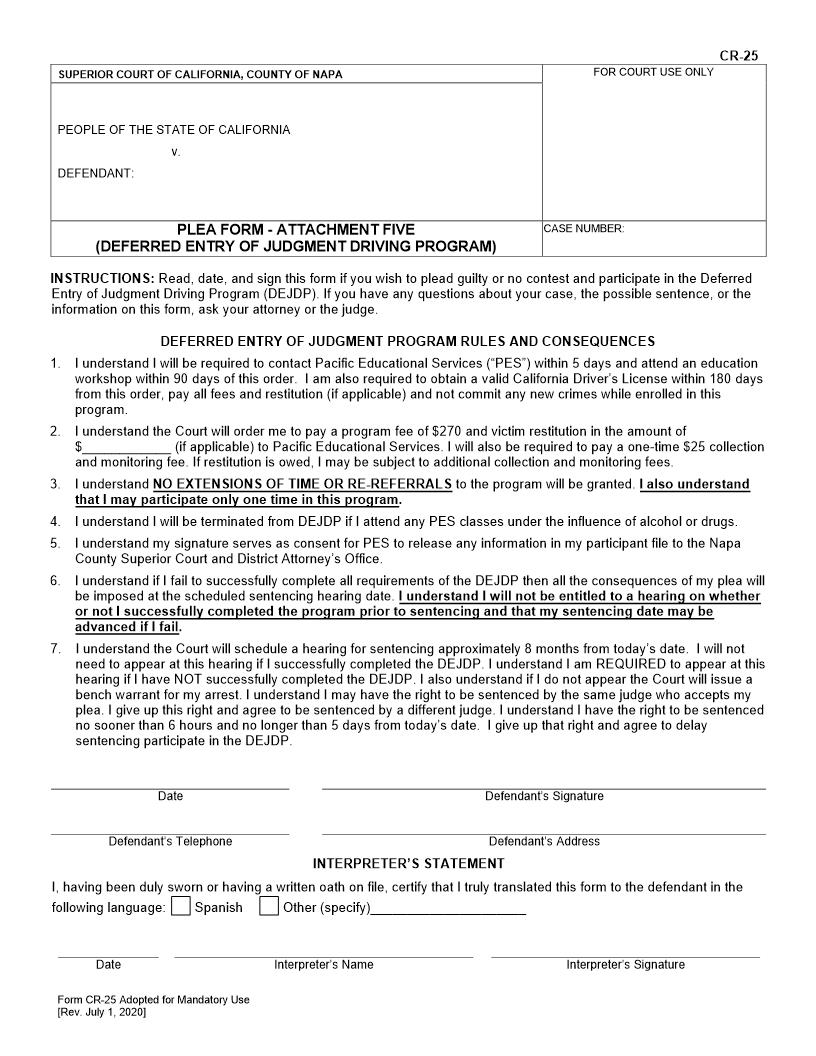 Plea Form-Attachment Five (Deferred Entry Of Judgment Driving Program) {CR-25} | Pdf Fpdf Docx | California