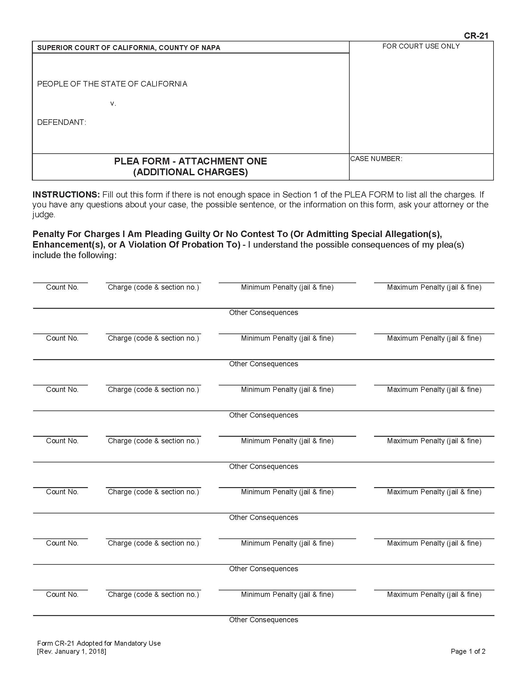 Plea Form-Attachment One (Additional Charges) {CR-21} | Pdf Fpdf Docx | California