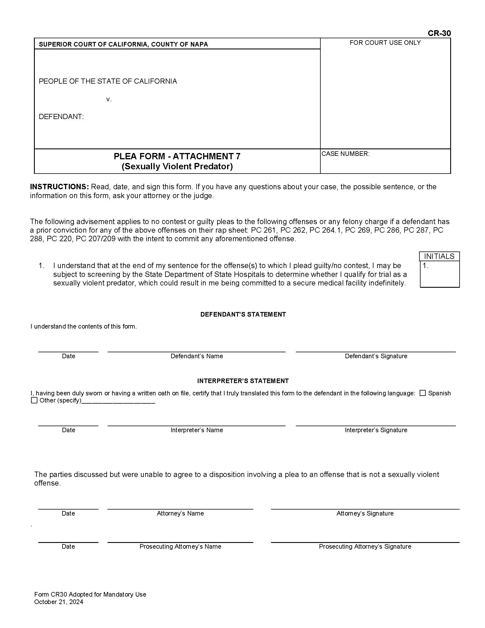 Plea Form-Attachment Seven (Sexually Violent Predator) {CR-30} | Pdf Fpdf Docx | California