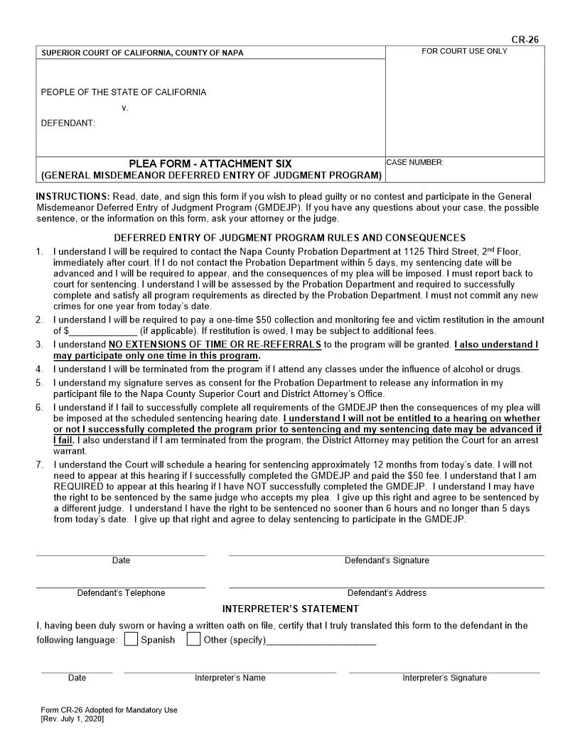 Plea Form-Attachment Six (General Misdemeanor Deferred Entry Of Judgment Program) {CR-26} | Pdf Fpdf Docx | California