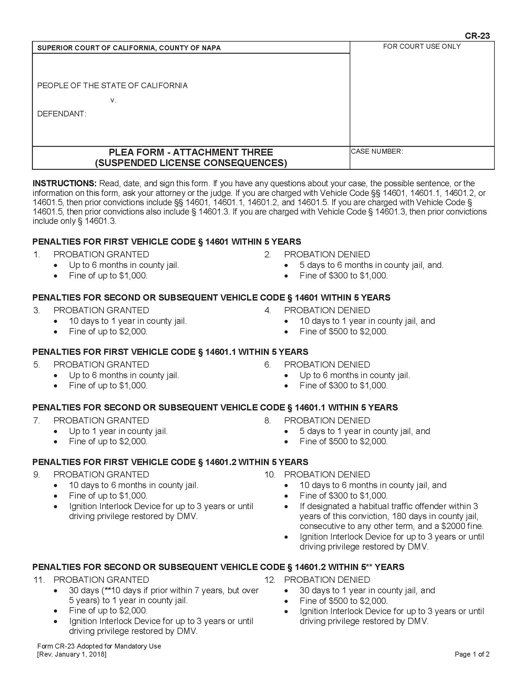 Plea Form-Attachment Three (Suspended License Consequences) {CR-23} | Pdf Fpdf Docx | California