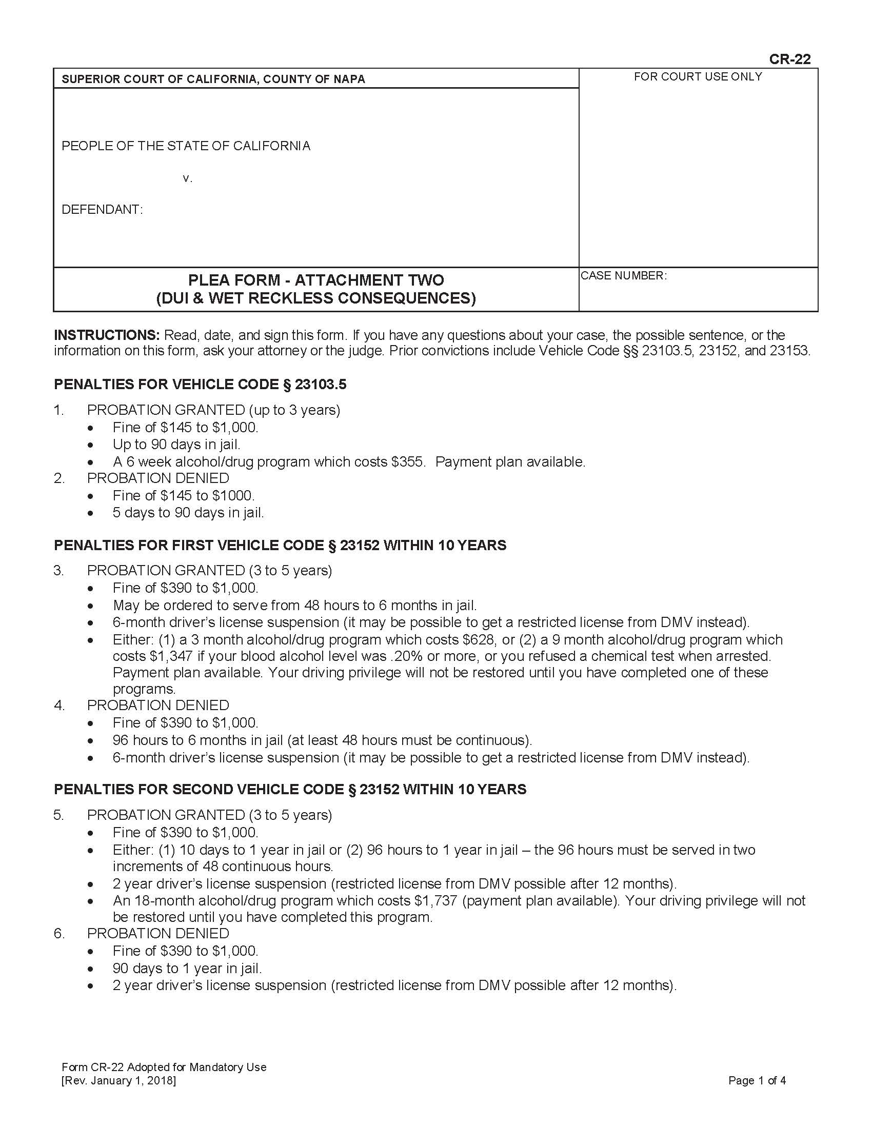 Plea Form-Attachment Two (DUI And Wet Reckless Consequences) {CR-22} | Pdf Fpdf Docx | California