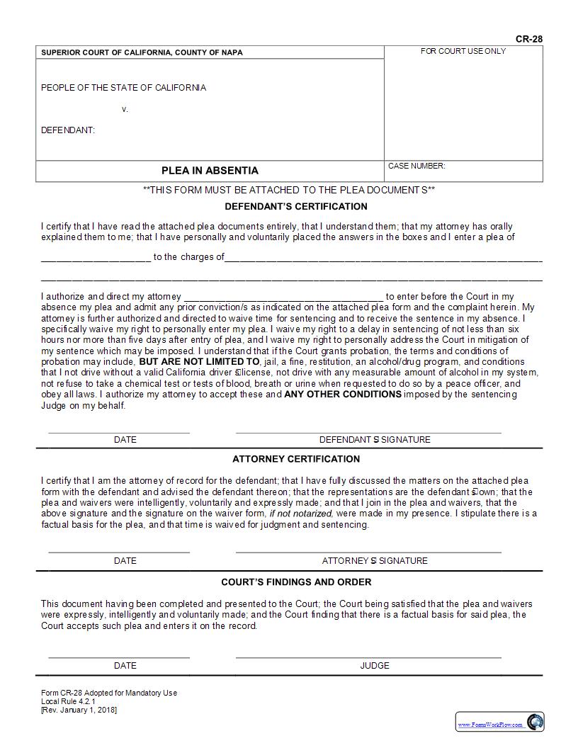 Plea In Absentia {CR-28} | Pdf Fpdf Docx | California