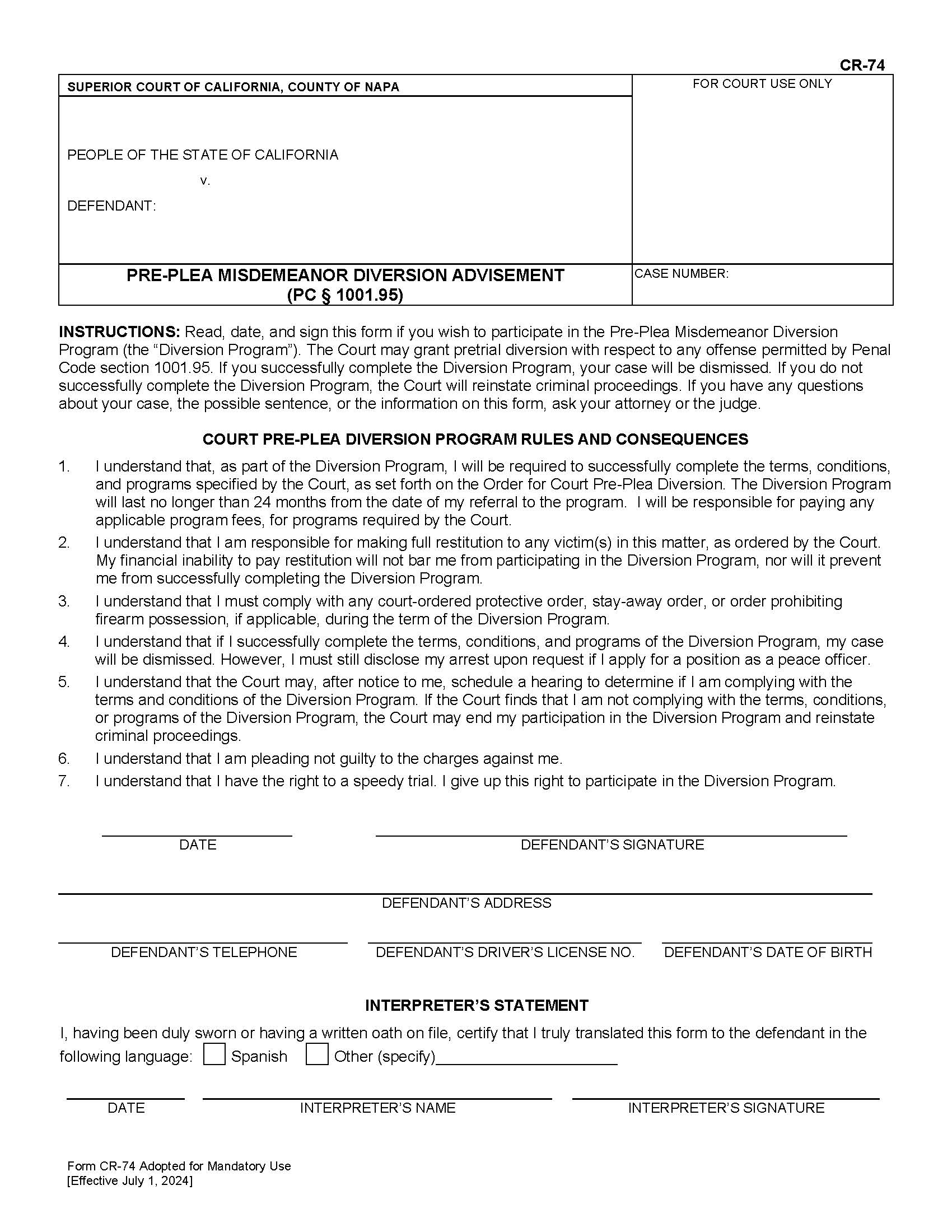 Pre-Plea Diversion Advisement {CR-74} | Pdf Fpdf Docx | California