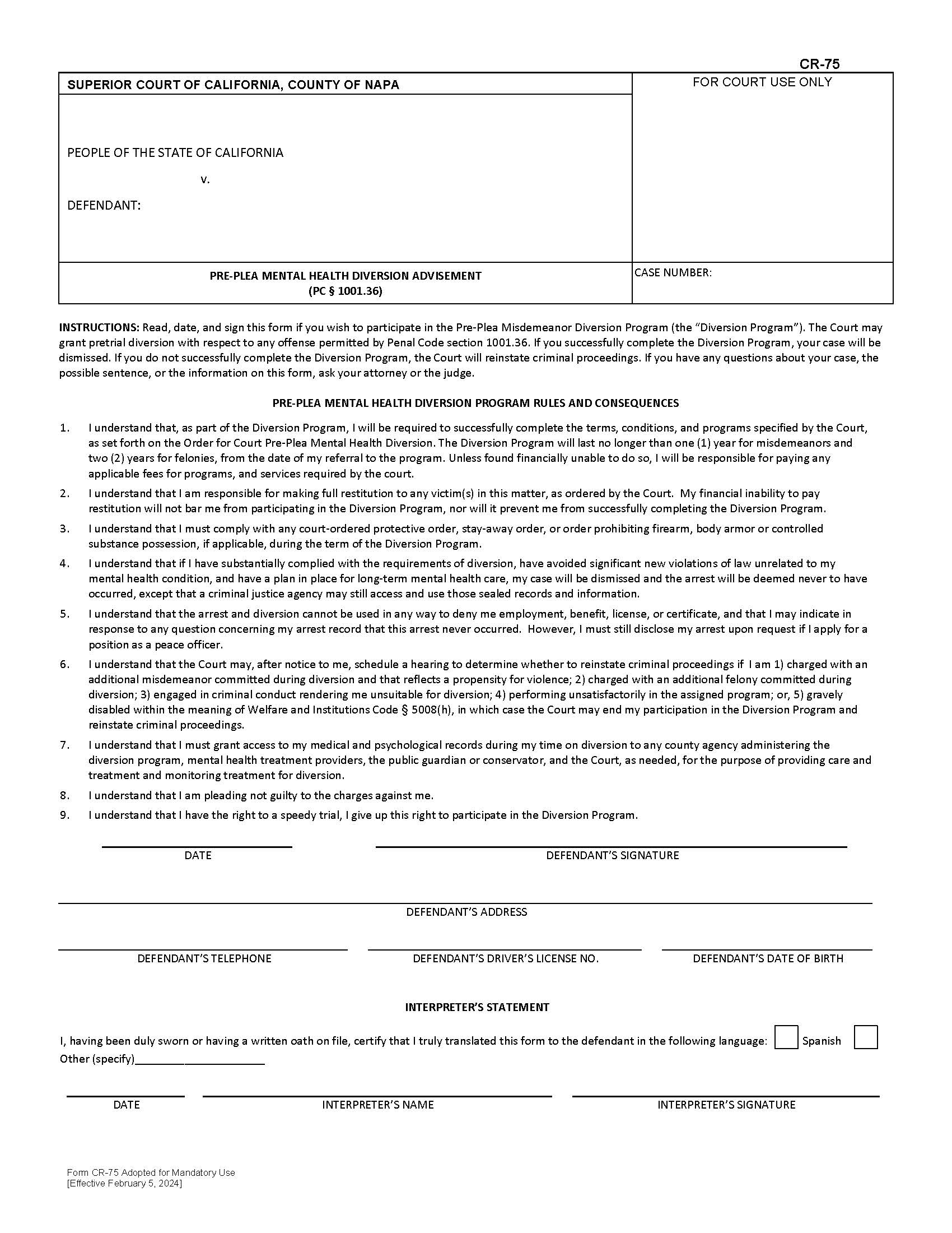 Pre-Plea Mental Health Diversion Advisement (Penal Code 1001.36) {CR-75} | Pdf Fpdf Docx | California