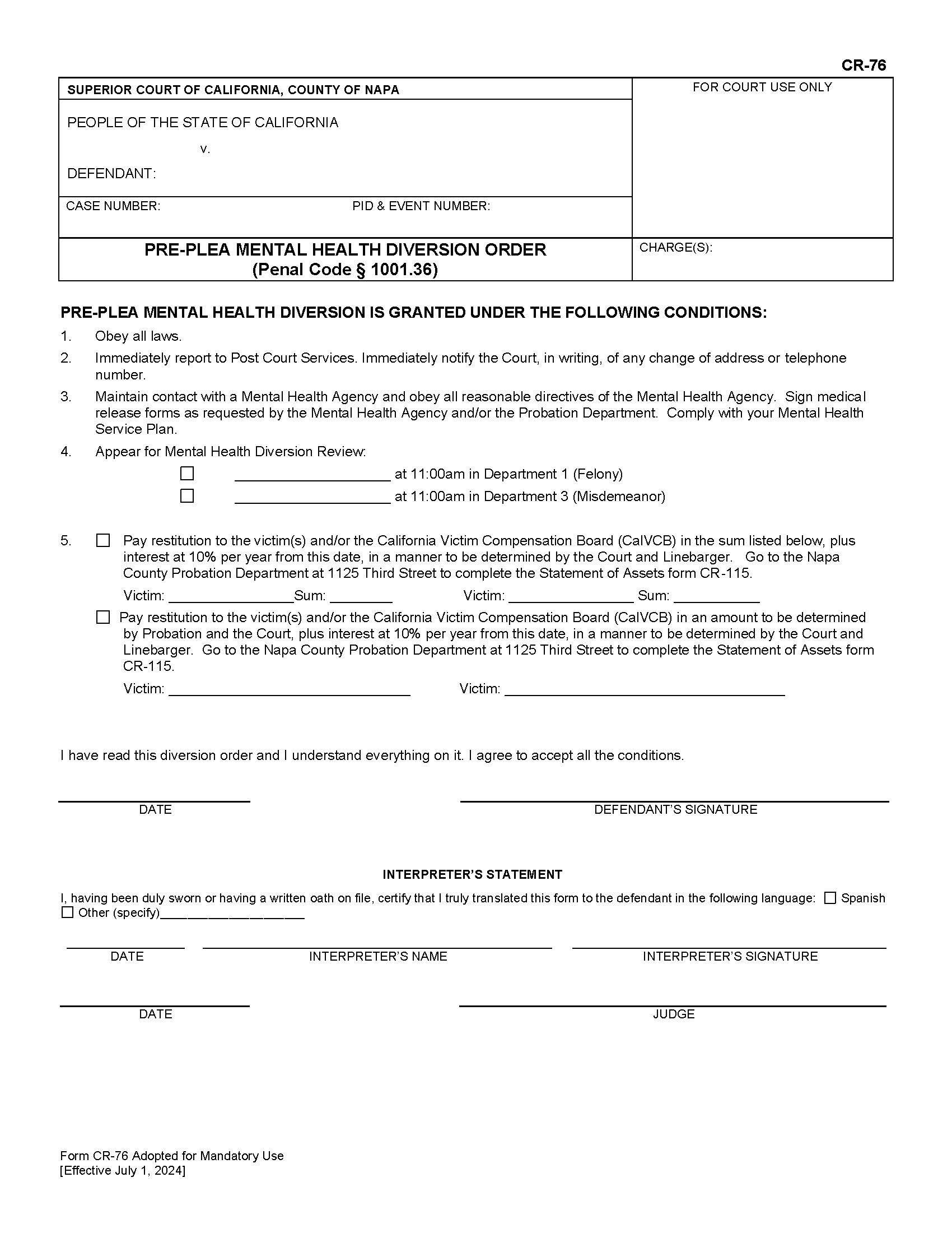 Pre-Plea Mental Health Diversion Order (Penal Code 1001.36) {CR-76} | Pdf Fpdf Docx | California