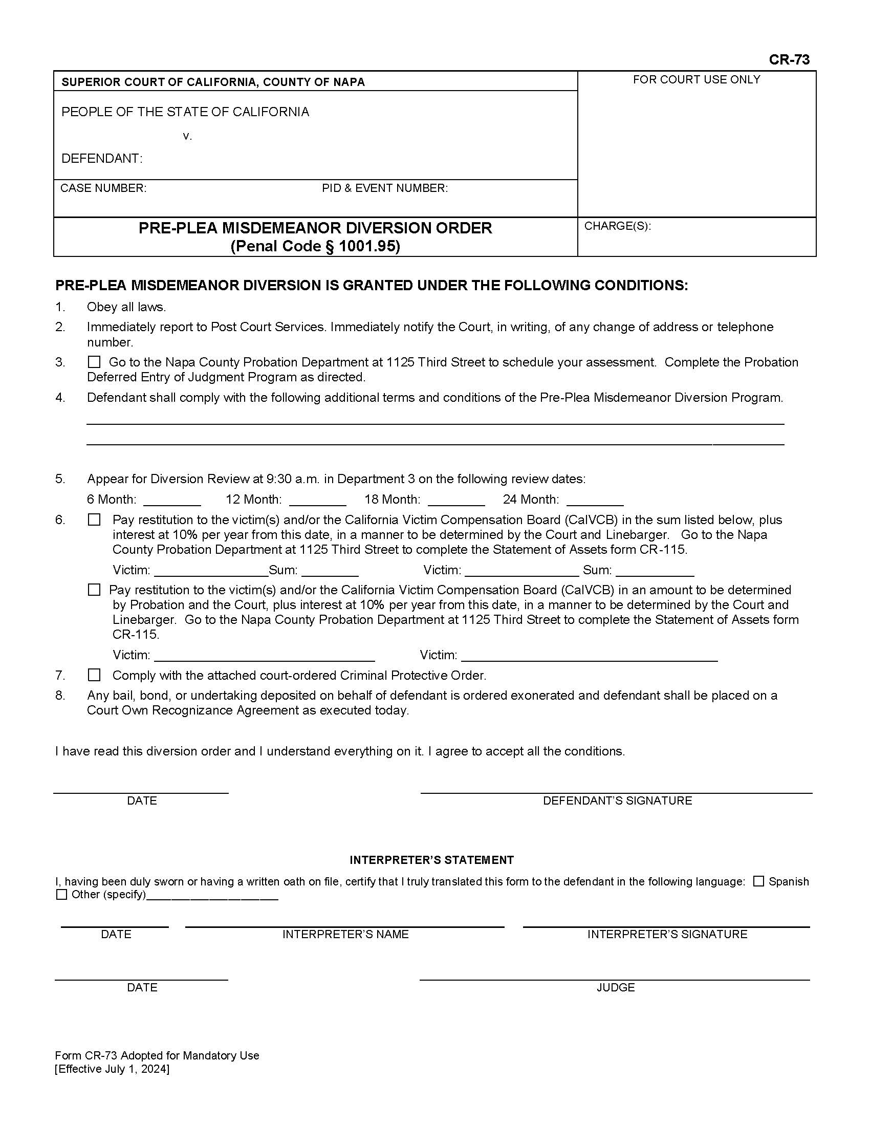 Pre-Plea Misdemeanor Diversion Order {CR-73} | Pdf Fpdf Docx | California