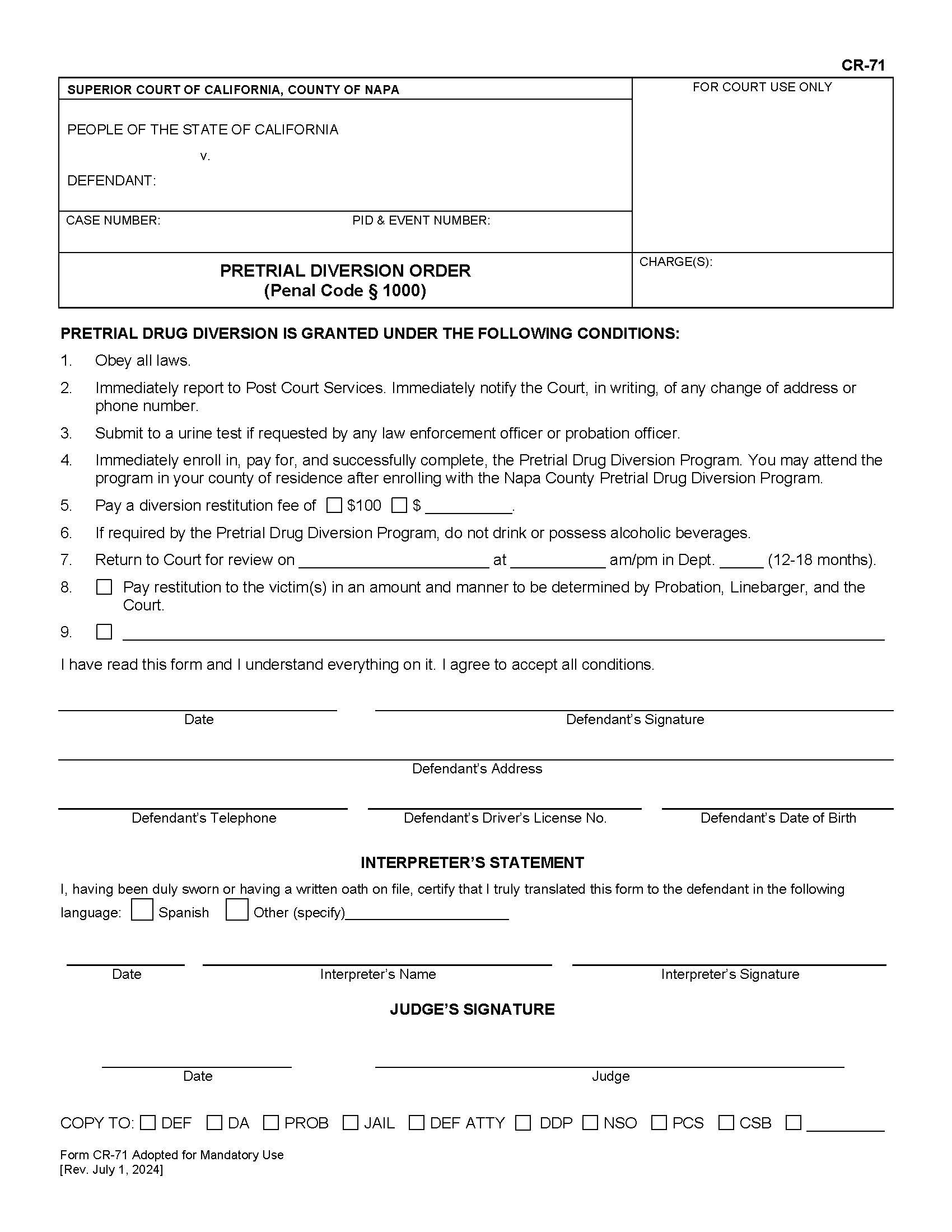 Pretrial Drug Diversion Order (Penal Code 1000) {CR-71} | Pdf Fpdf Docx | California
