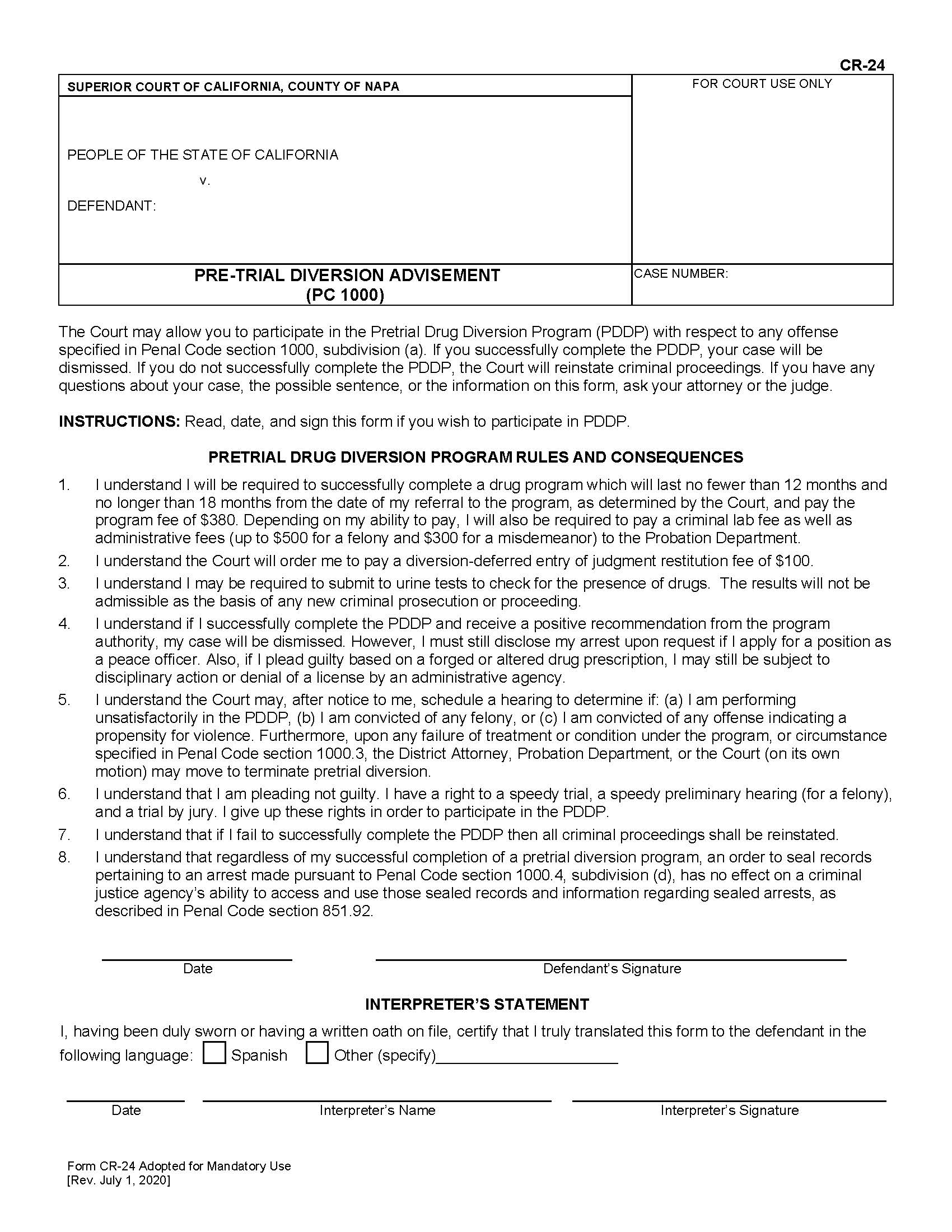 Pretrial Drug Diversion Program Agreement {CR-24} | Pdf Fpdf Docx | California