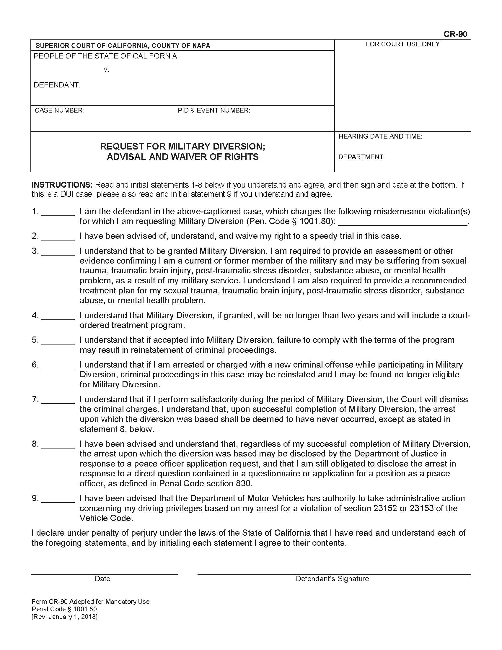Request For Military Diversion Advisal And Waiver Of Rights {CR-90} | Pdf Fpdf Docx | California