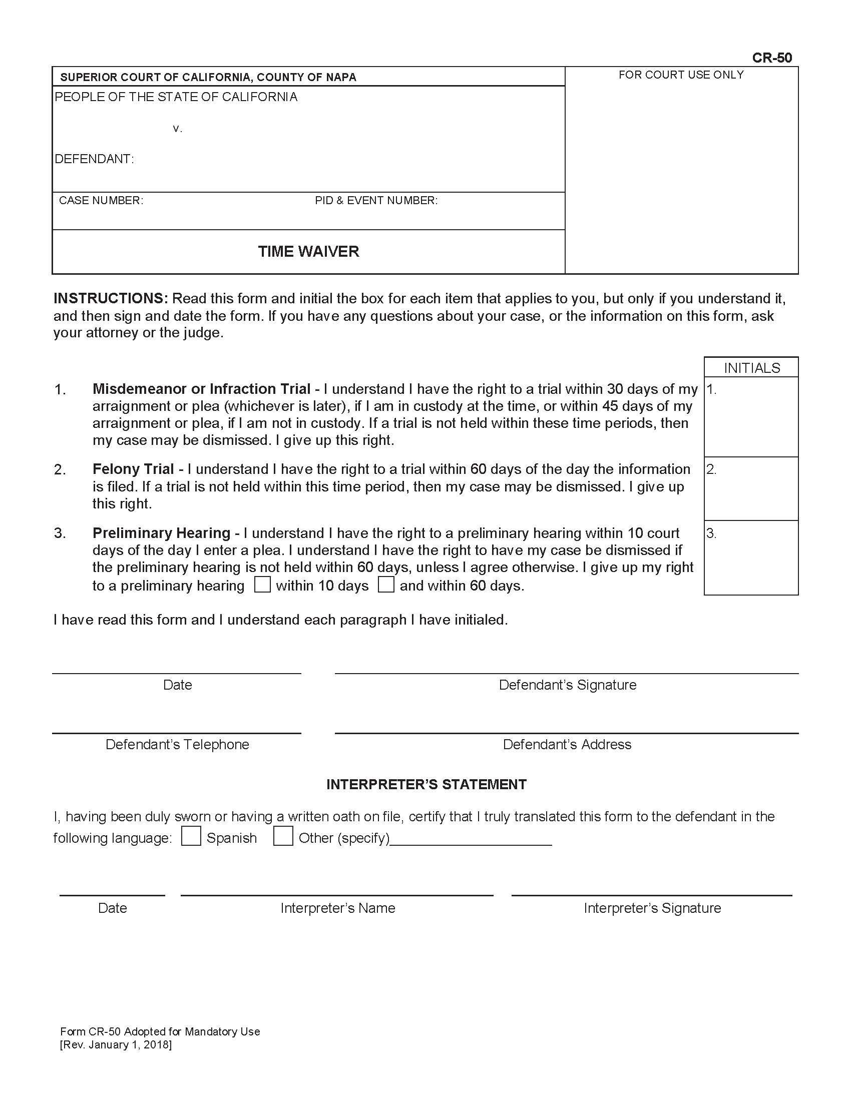 Time Waiver {CR-50} | Pdf Fpdf Docx | California