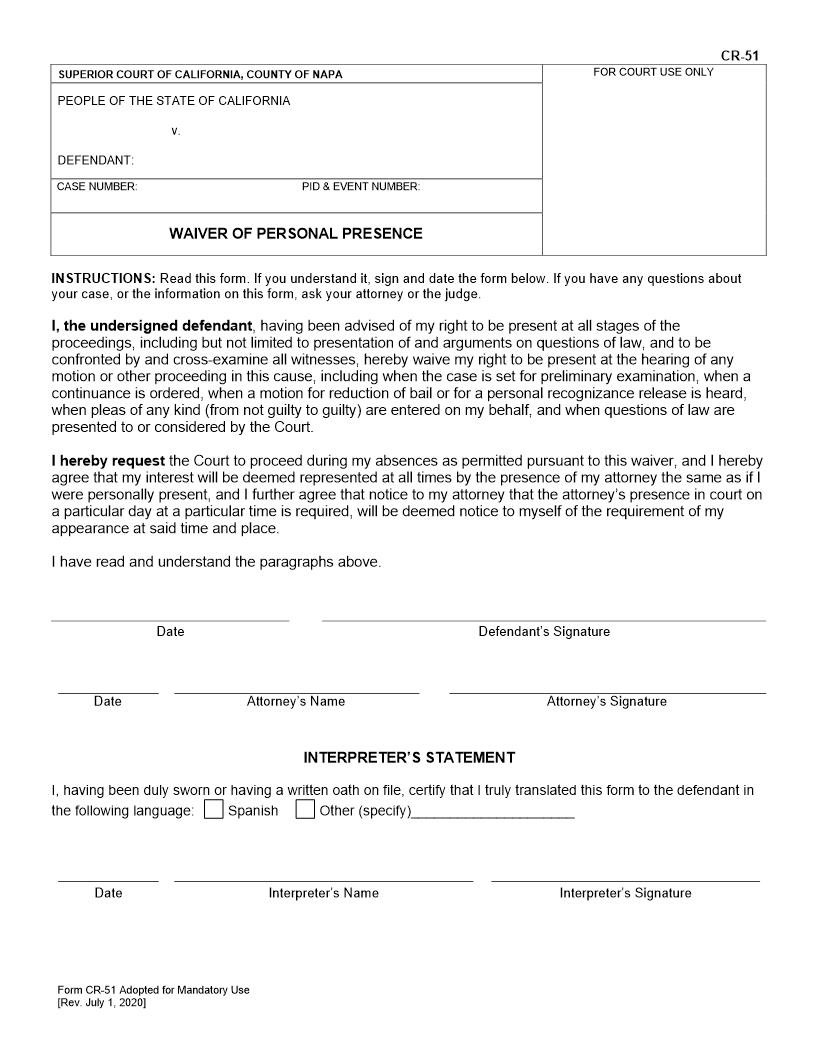 Waiver Of Personal Presence {CR-51} | Pdf Fpdf Docx | California
