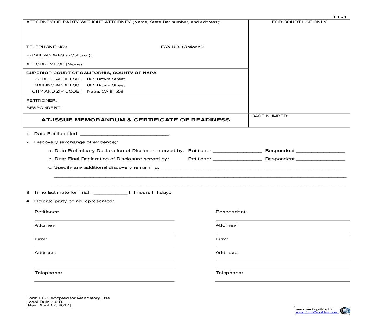 At Issue Memorandum And Certificate Of Readiness {FL-1} | Pdf Fpdf Doc Docx | California