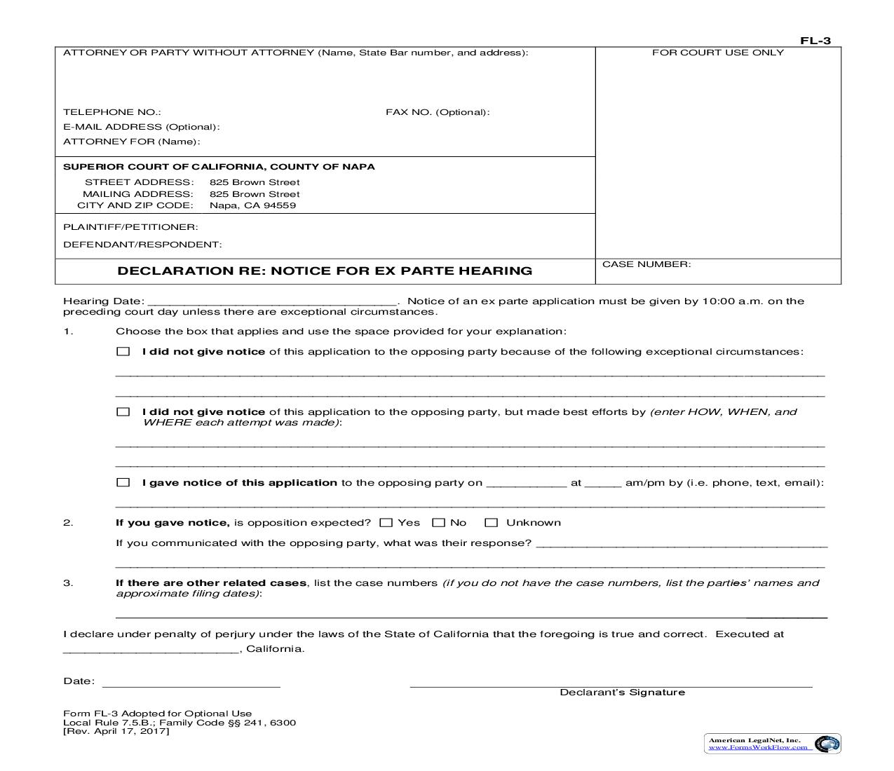 Declaration Re Notice For Ex Parte Hearing {FL-3} | Pdf Fpdf Doc Docx | California