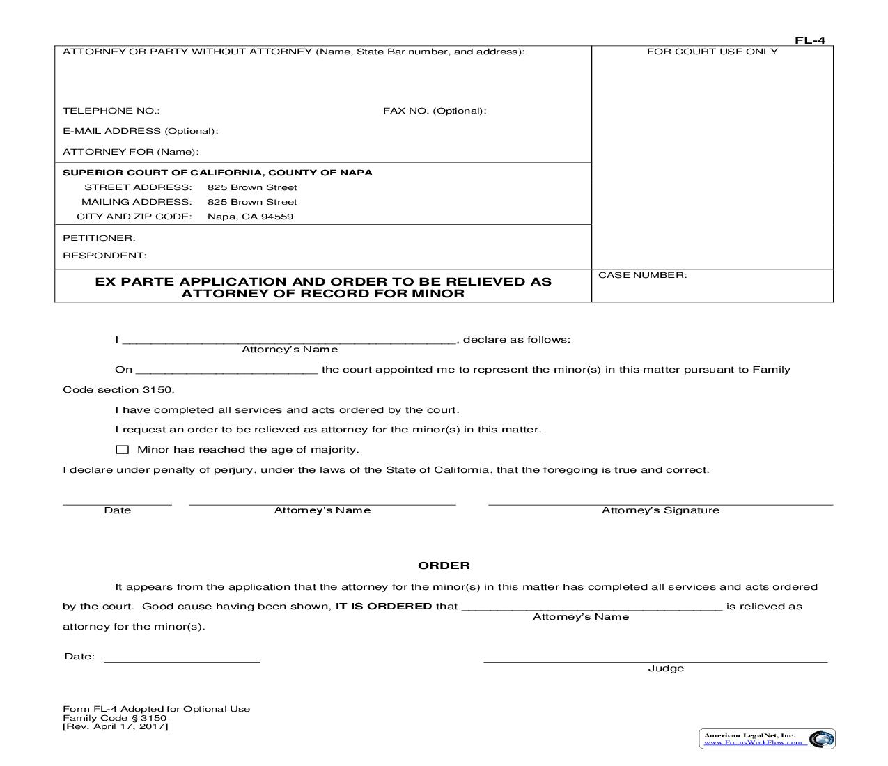 Ex-Parte Application And Order To Be Relieved As Attorney Of Record For Minor {FL-4} | Pdf Fpdf Doc Docx | California