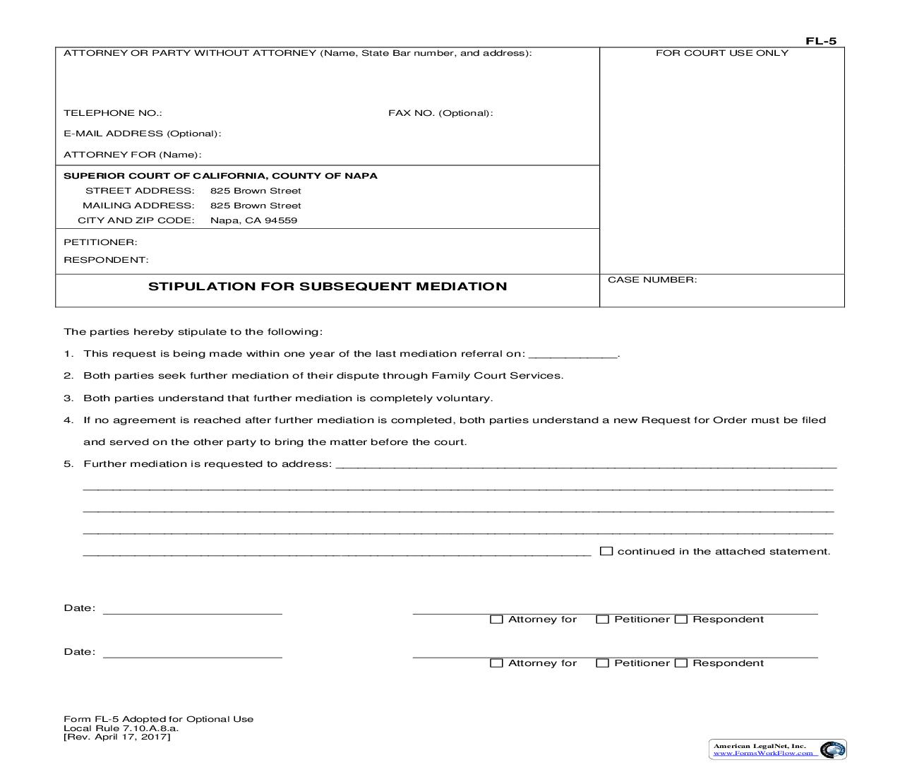 Stipulation For Subsequent Mediation {FL-5} | Pdf Fpdf Doc Docx | California