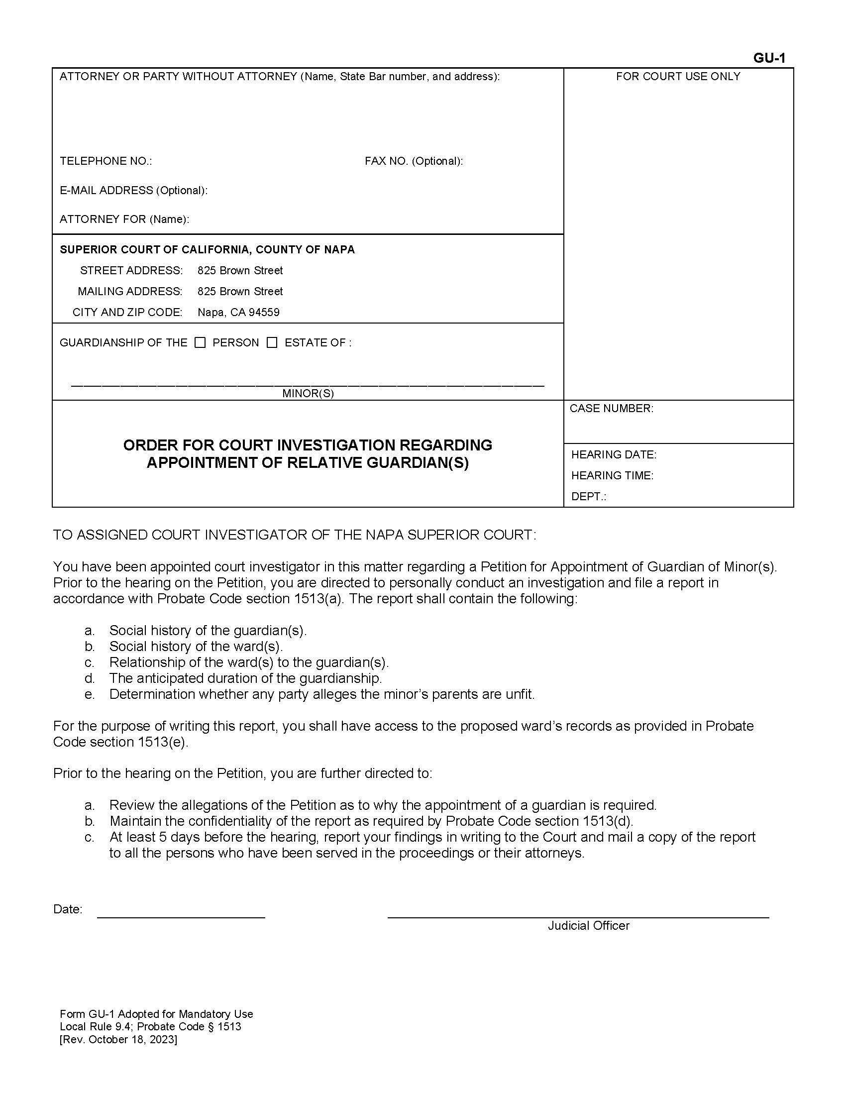 Order For Court Investigation Regarding Appointment Of Relative Guardian(s) {GU-1} | Pdf Fpdf Doc Docx | California