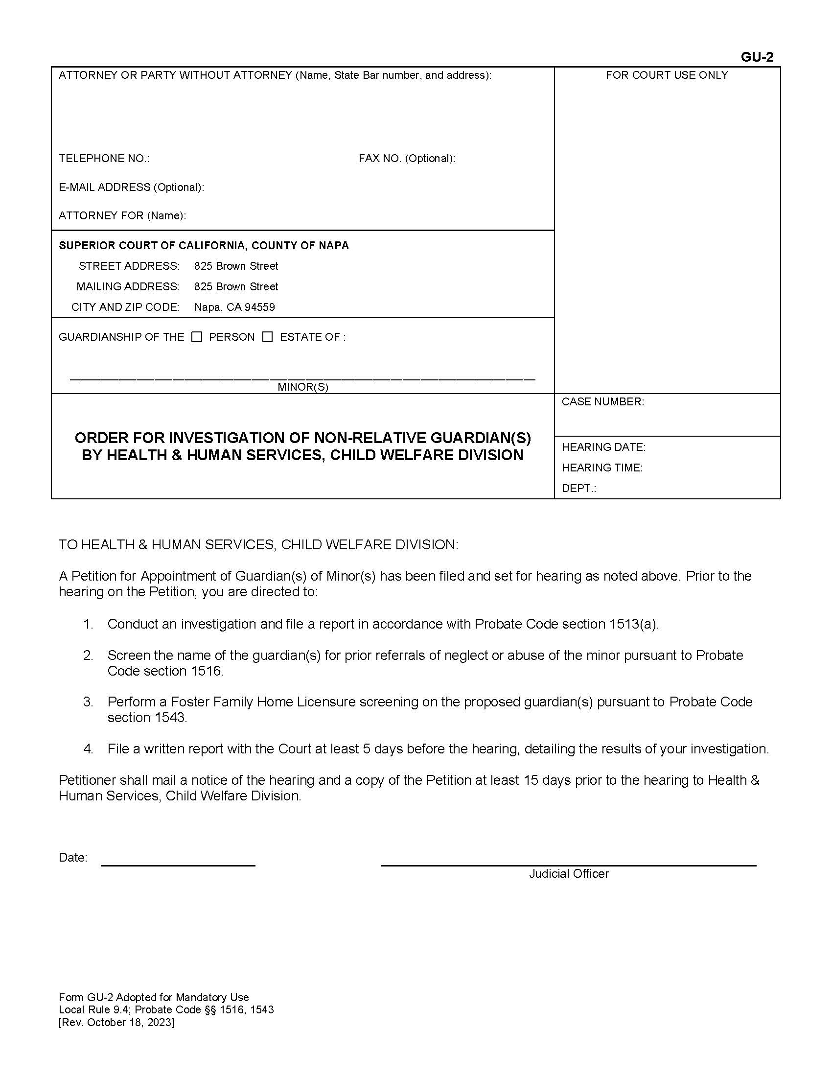 Order For Investigation Of Non-Relative Guardian(s) By Health And Human Services {GU-2} | Pdf Fpdf Doc Docx | California