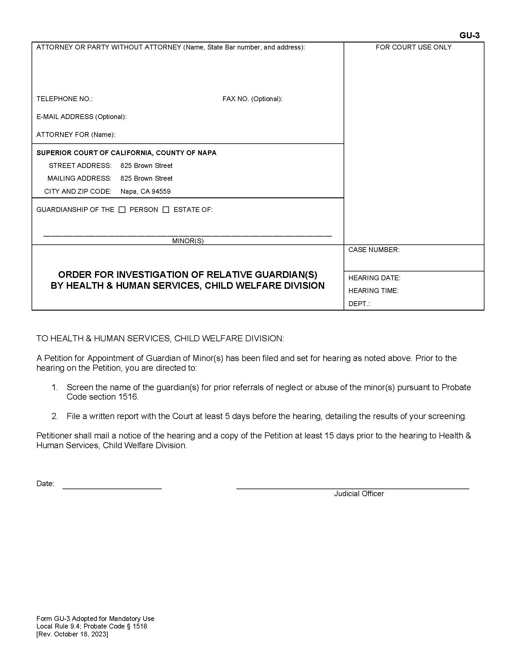 Order For Investigation Of Relative Guardian(s) By Health And Human Services {GU-3} | Pdf Fpdf Doc Docx | California