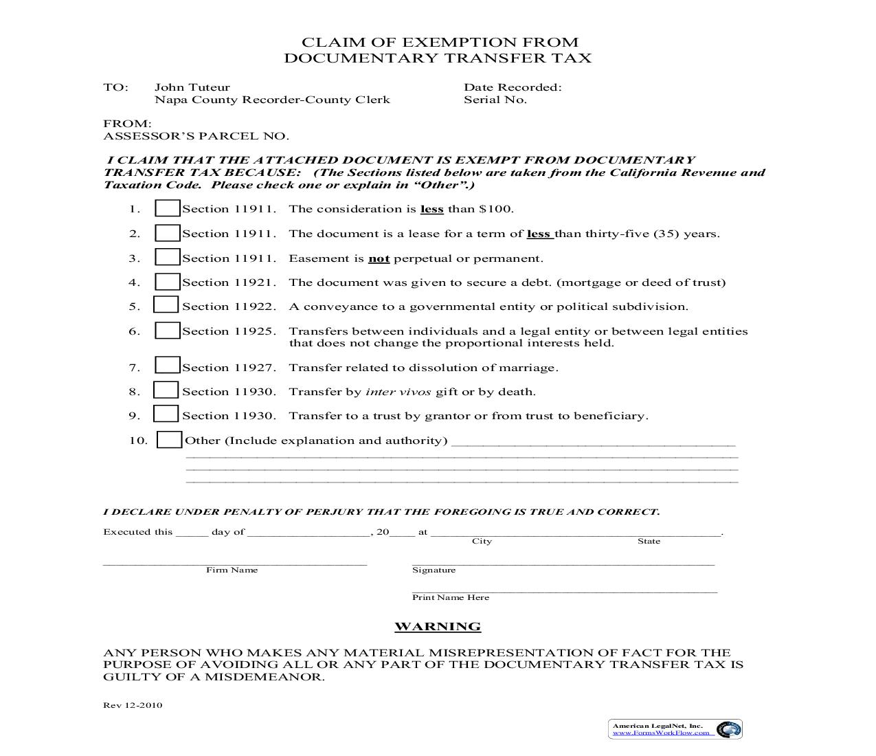 Claim Of Exemption From Documentary Transfer Tax | Pdf Fpdf Doc Docx | California