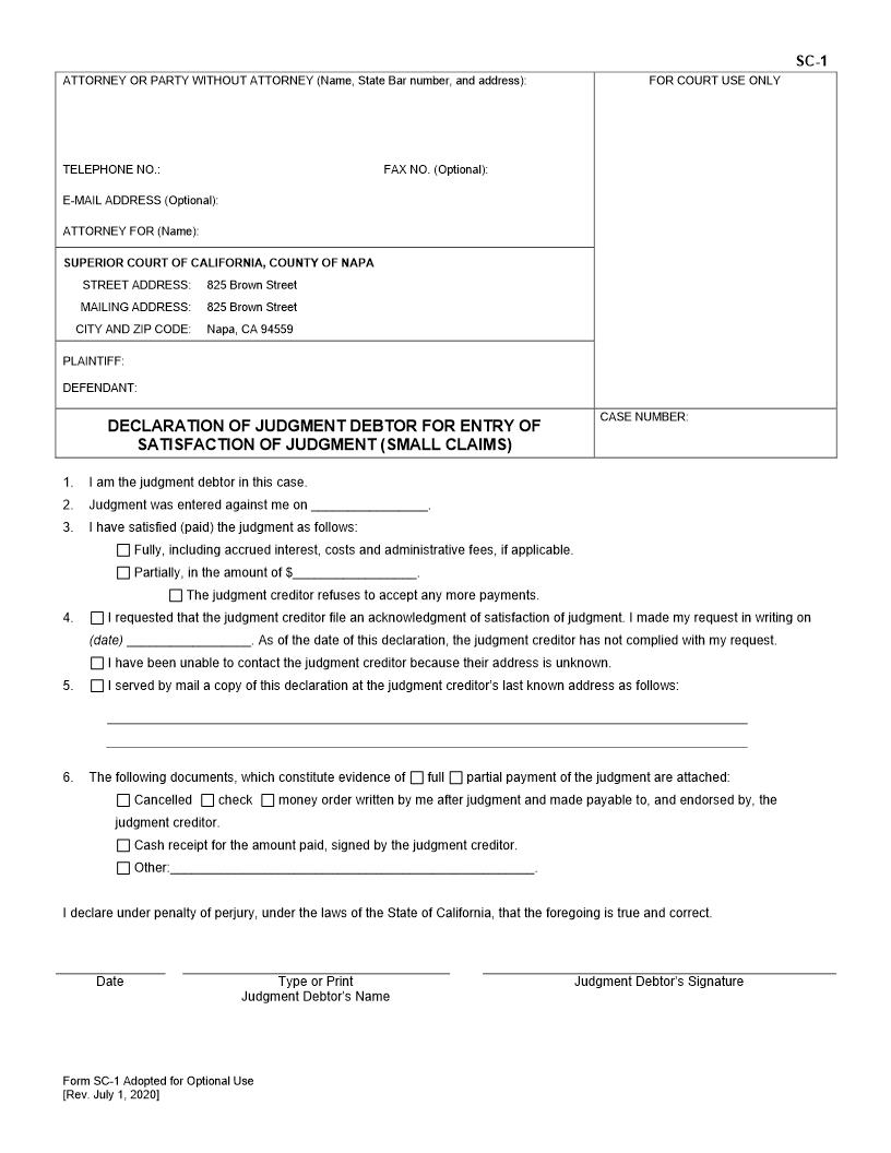 Declaration Of Judgment Debtor For Entry Of Satisfaction Of Judgment (Small Claims) {SC-1} | Pdf Fpdf Doc Docx | California