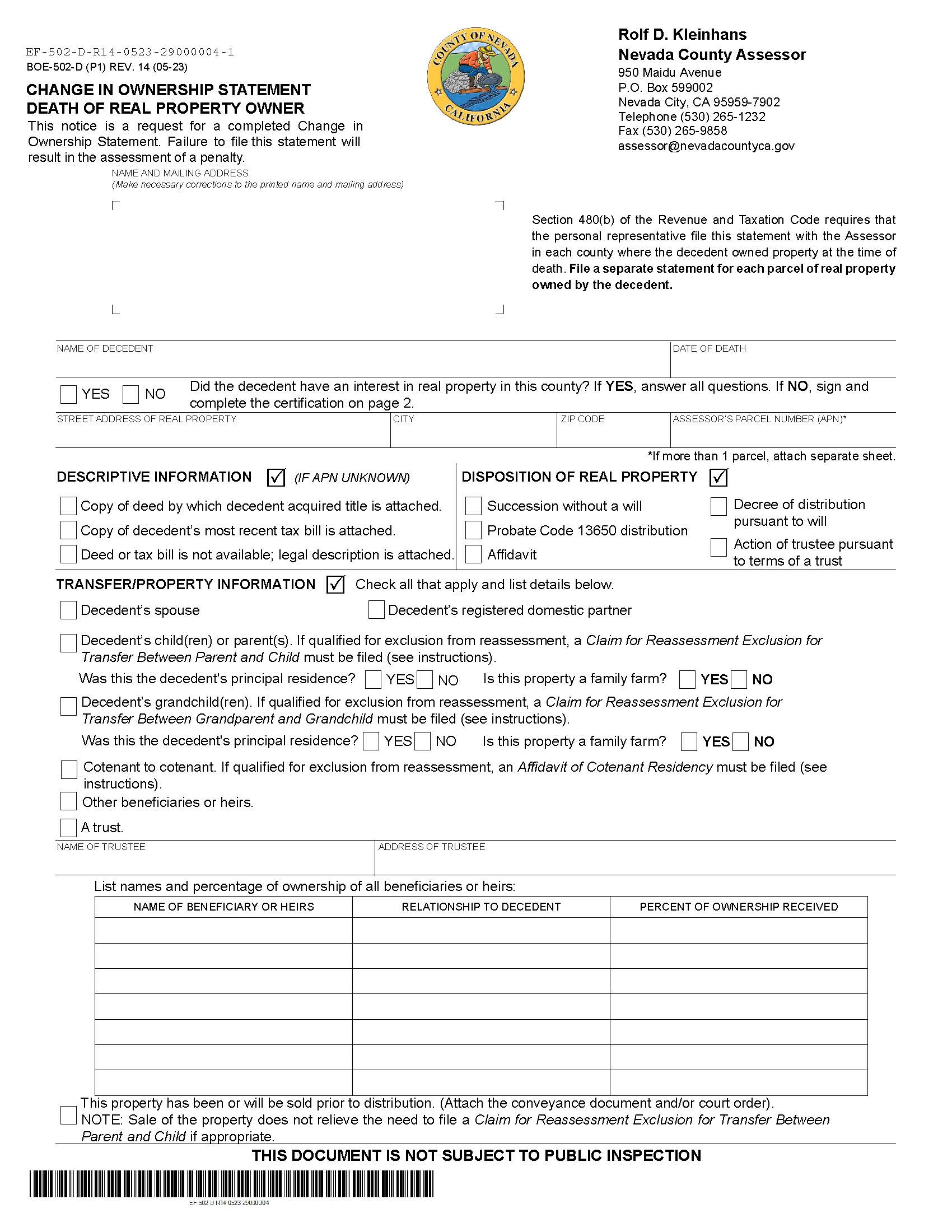 Change In Ownership Statement Death Of Real Property Owner (Nevada County) {BOE-502-D} | Pdf Fpdf Docx | California
