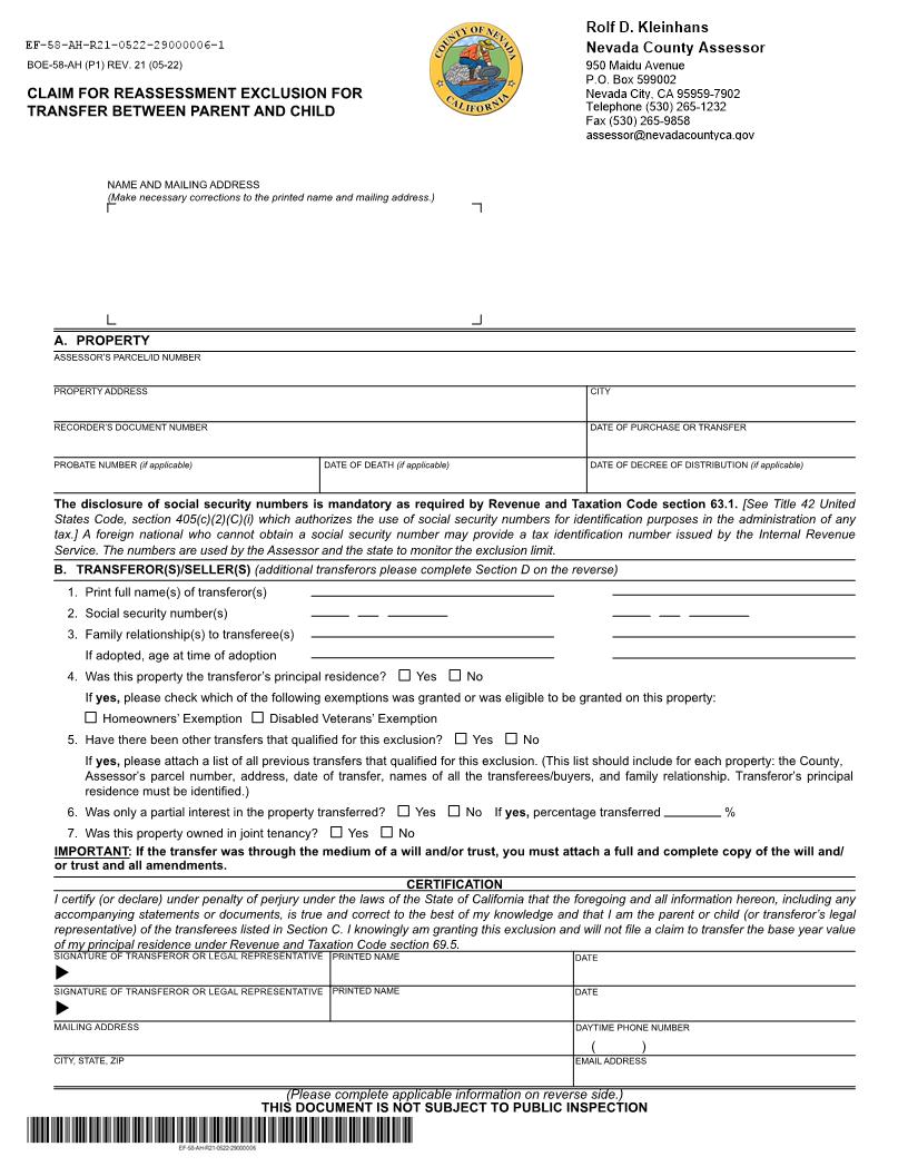 Claim For Reassessment Exclusion For Transfer Between Parent And Child (Before 02-16-21) (Nevada) {BOE-58-AH} | Pdf Fpdf Docx | California