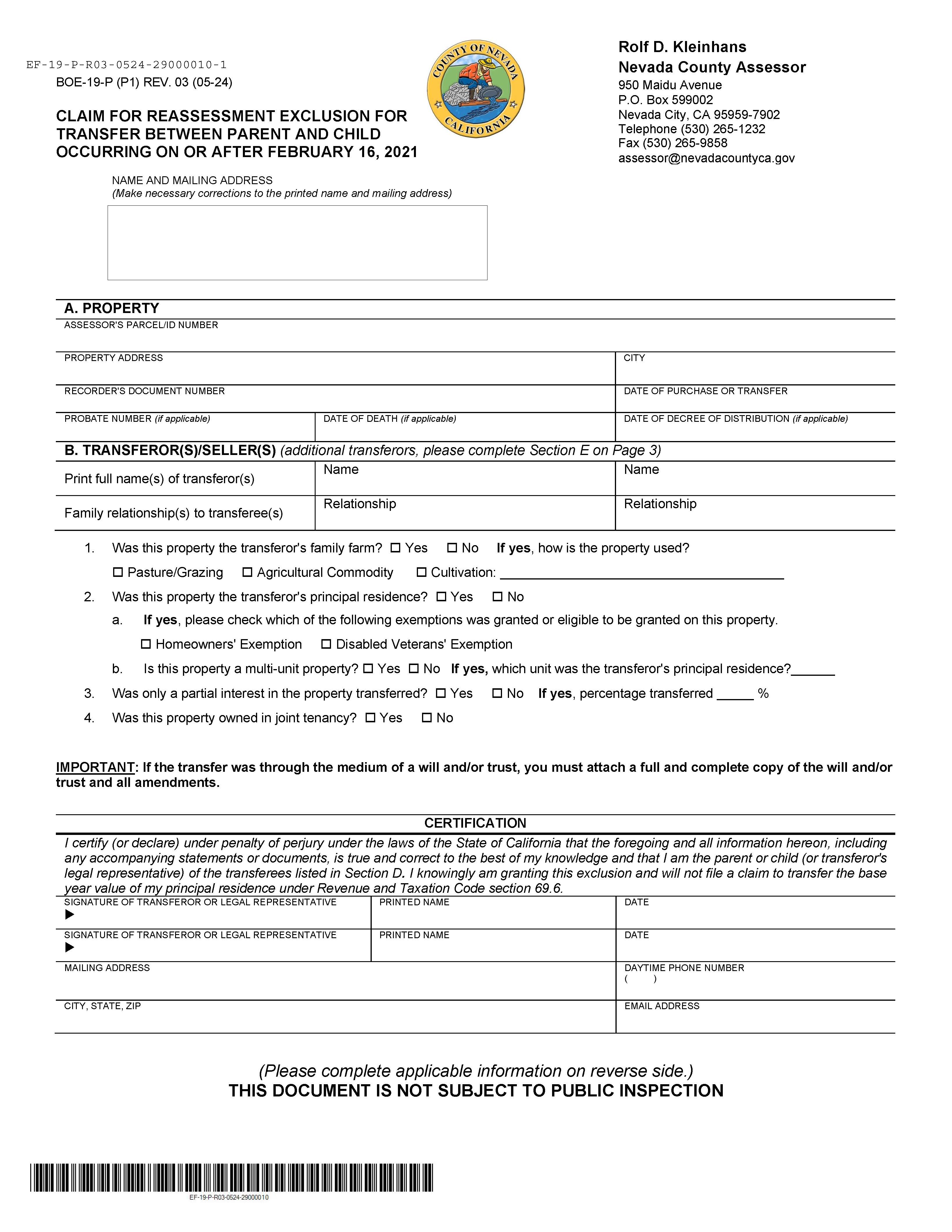 Claim For Reassessment Exclusion For Transfer Between Parent And Child (Nevada County) {BOE-19-P} | Pdf Fpdf Docx | California