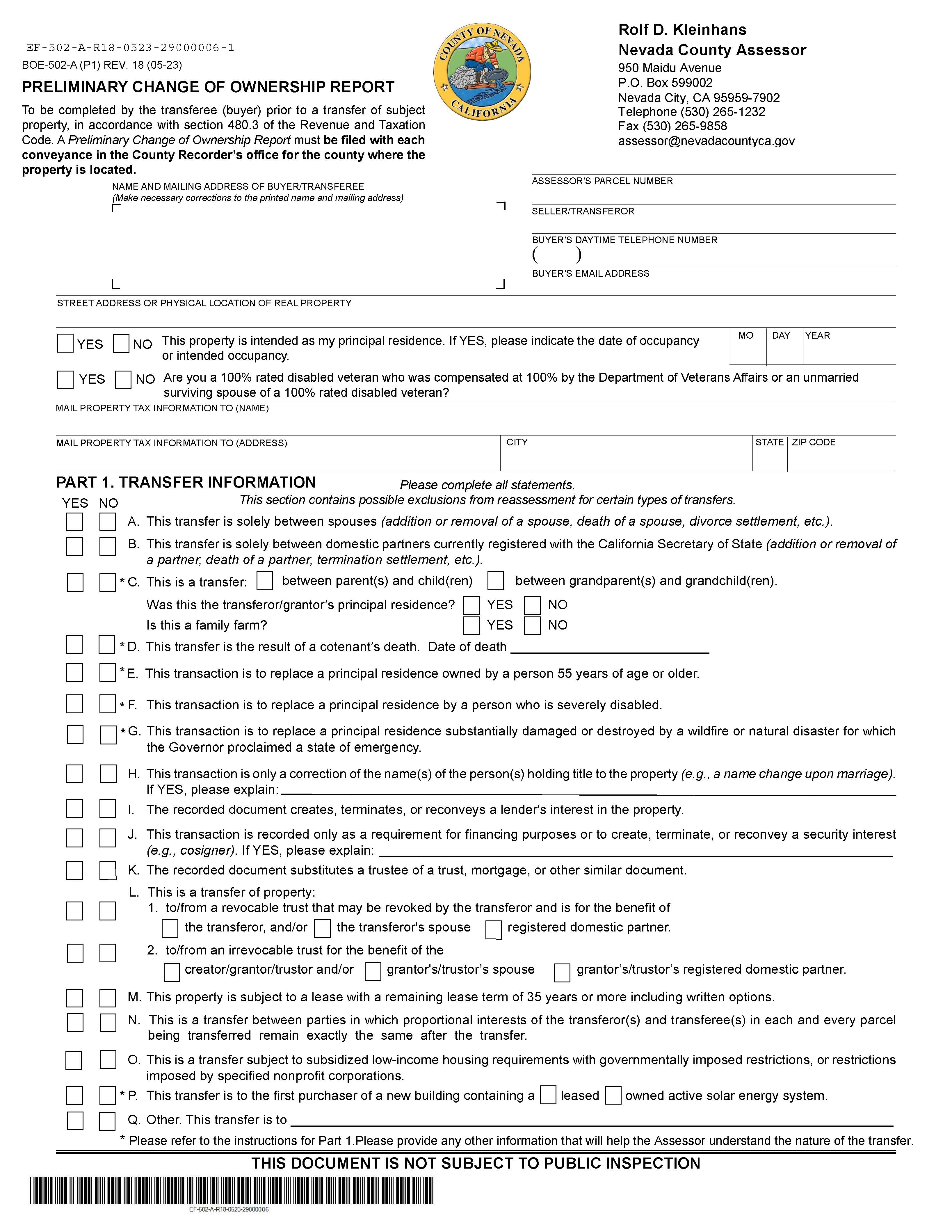 Preliminary Change Of Ownership Report (Nevada County) {BOE-502-A} | Pdf Fpdf Docx | California
