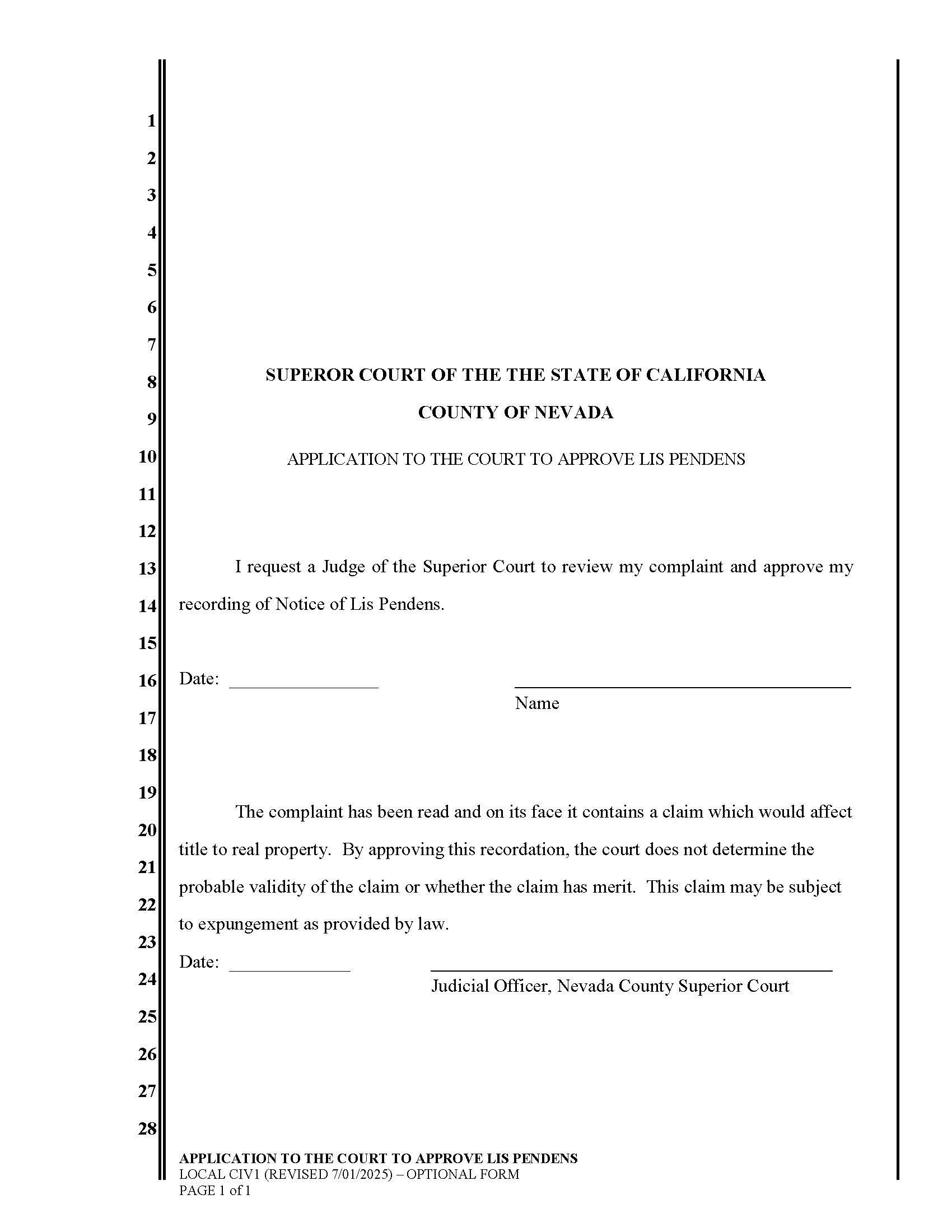 Application To The Court To Approve Lis Pendens {CIV1} | Pdf Fpdf Doc Docx | California