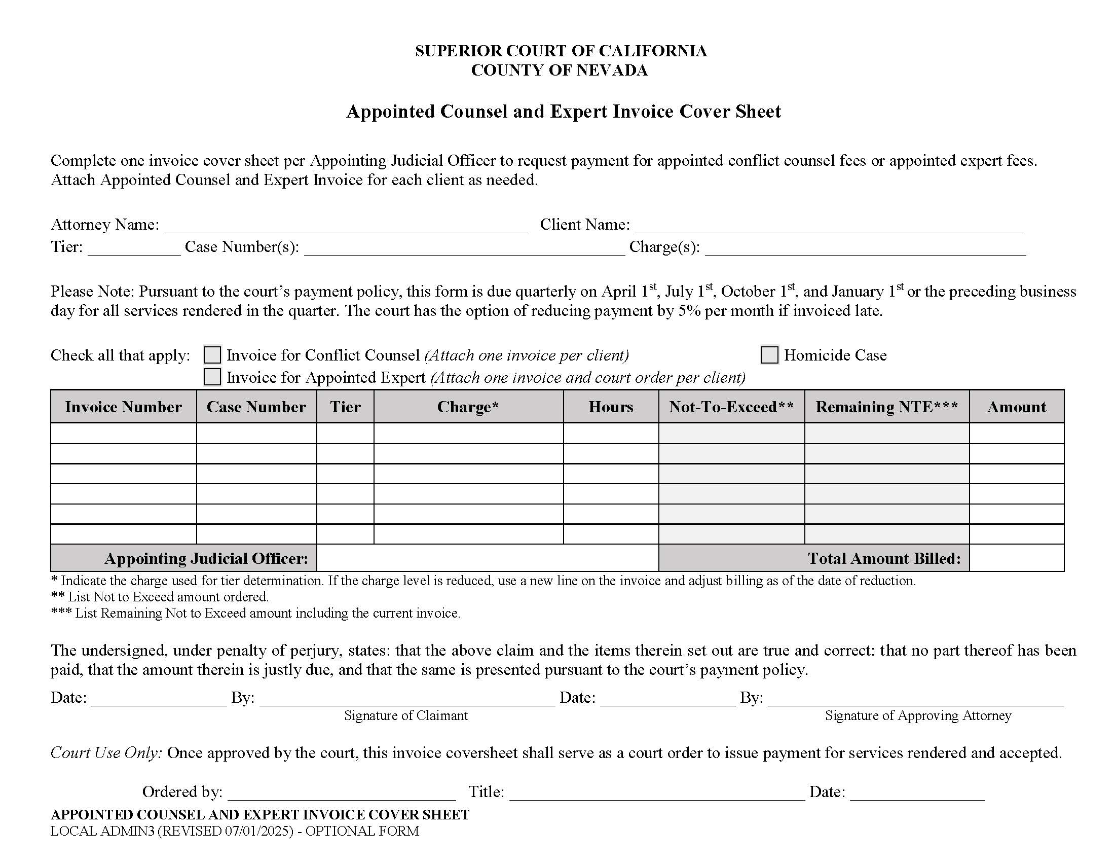 Appointed Counsel And Expert Invoice Coversheet {ADMIN3} | Pdf Fpdf Docx | California