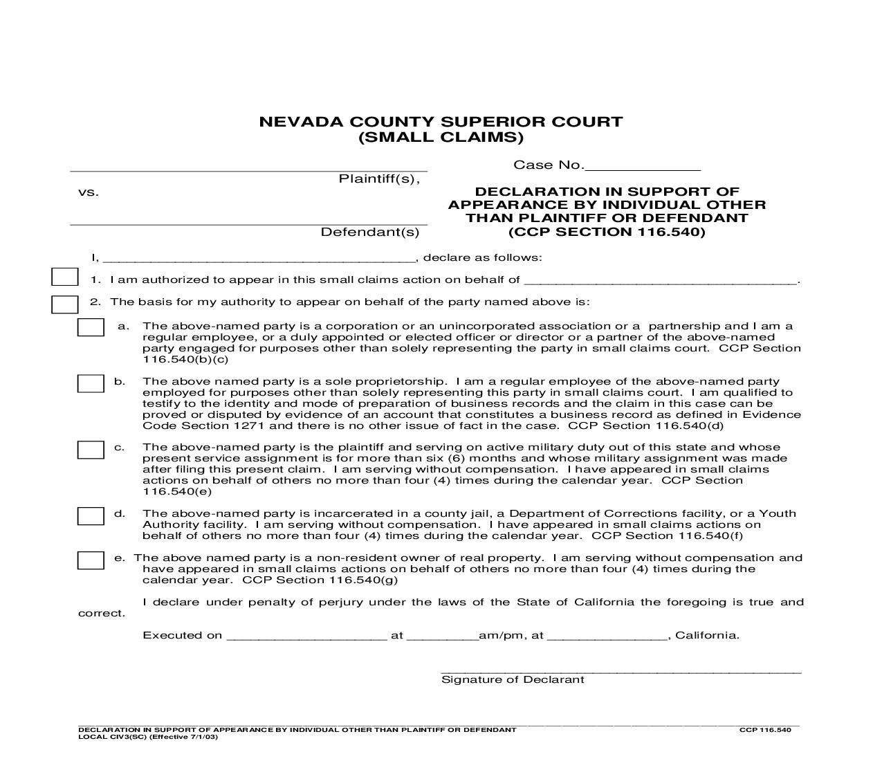 Declaration In Support Of Appearance By Individual Other Than Plaintiff Or Defendant {CIV3} | Pdf Fpdf Doc Docx | California