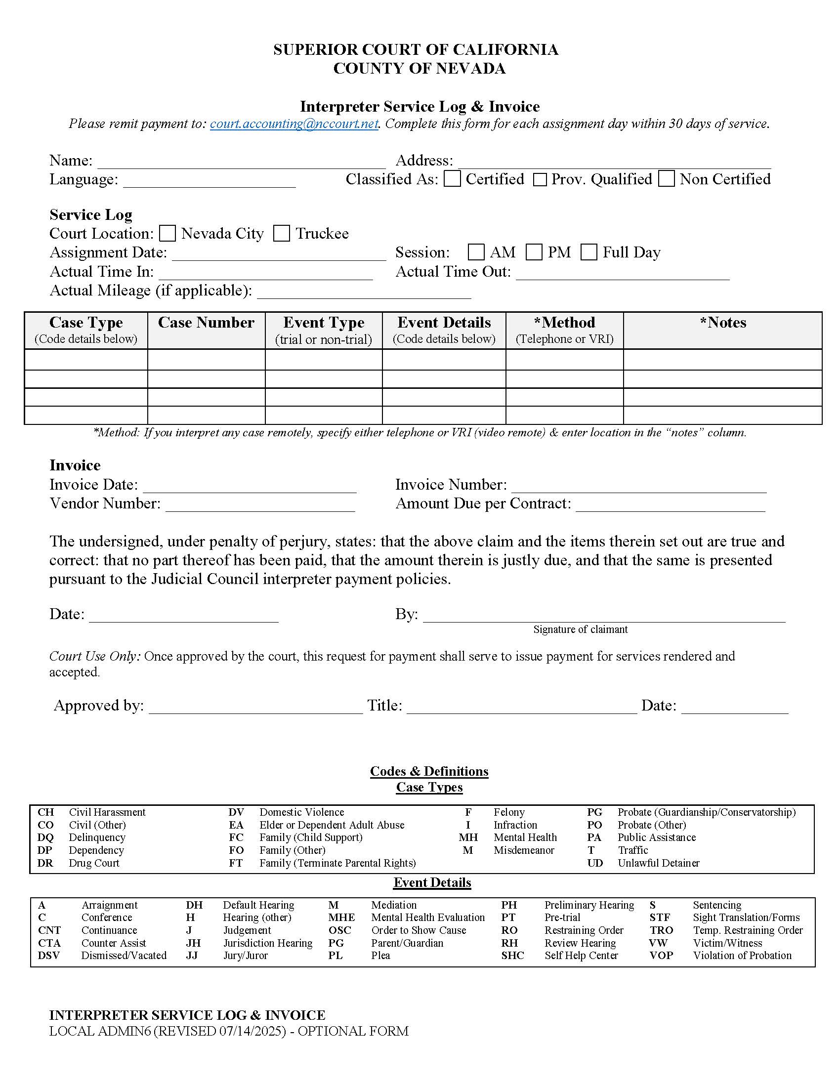 Interpreter Service Log And Invoice {ADMIN6} | Pdf Fpdf Docx | California