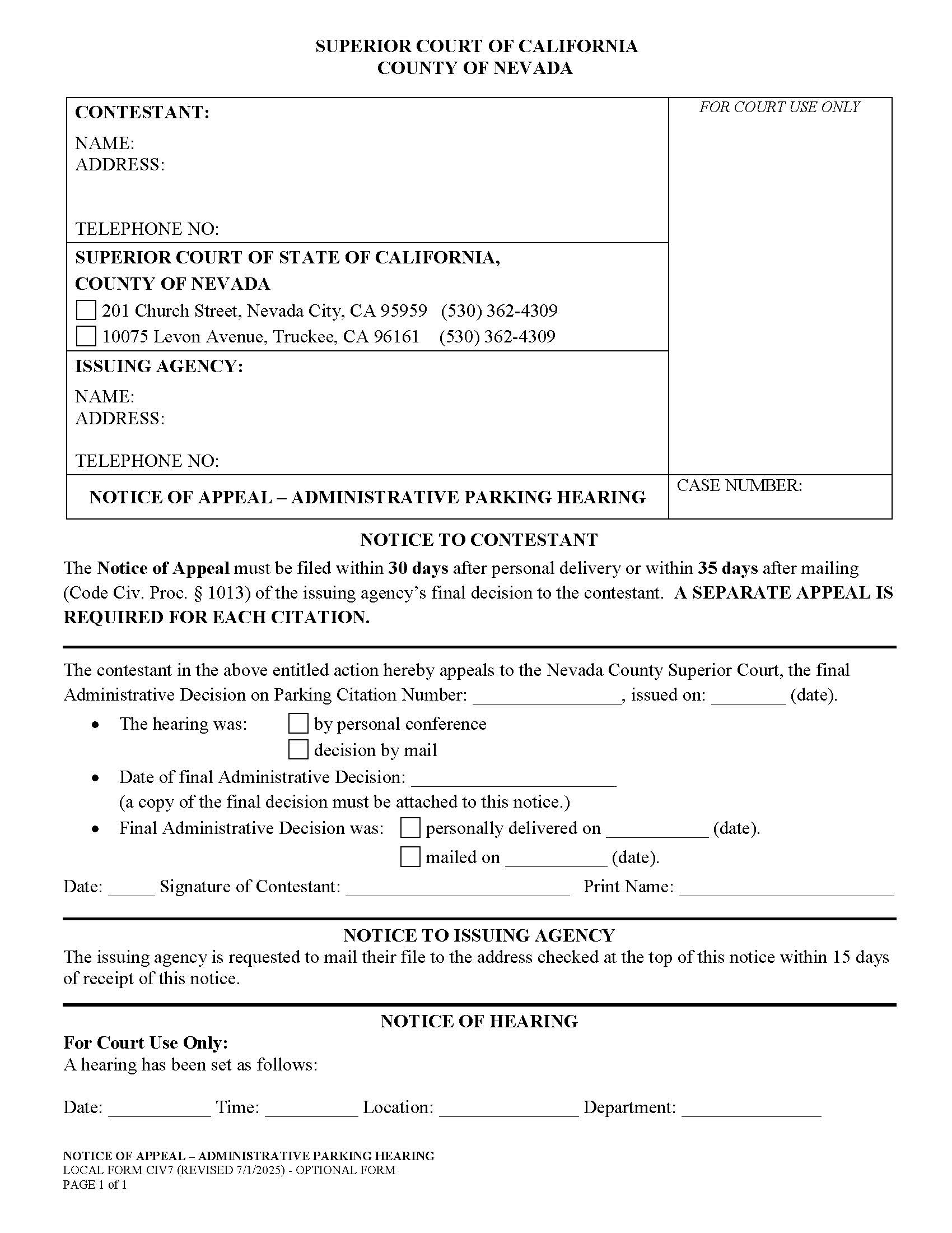 Notice Of Appeal-Administrative Parking Hearing {CIV7} | Pdf Fpdf Doc Docx | California