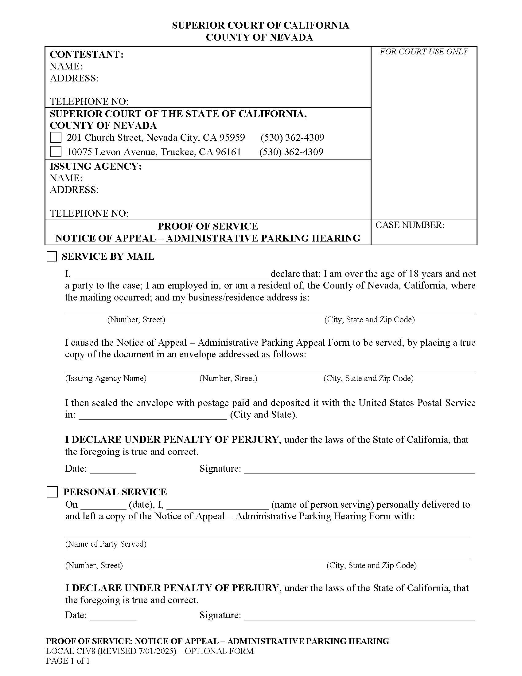 Proof Of Service Notice Of Appeal-Administrative Parking Hearing {CIV8} | Pdf Fpdf Doc Docx | California
