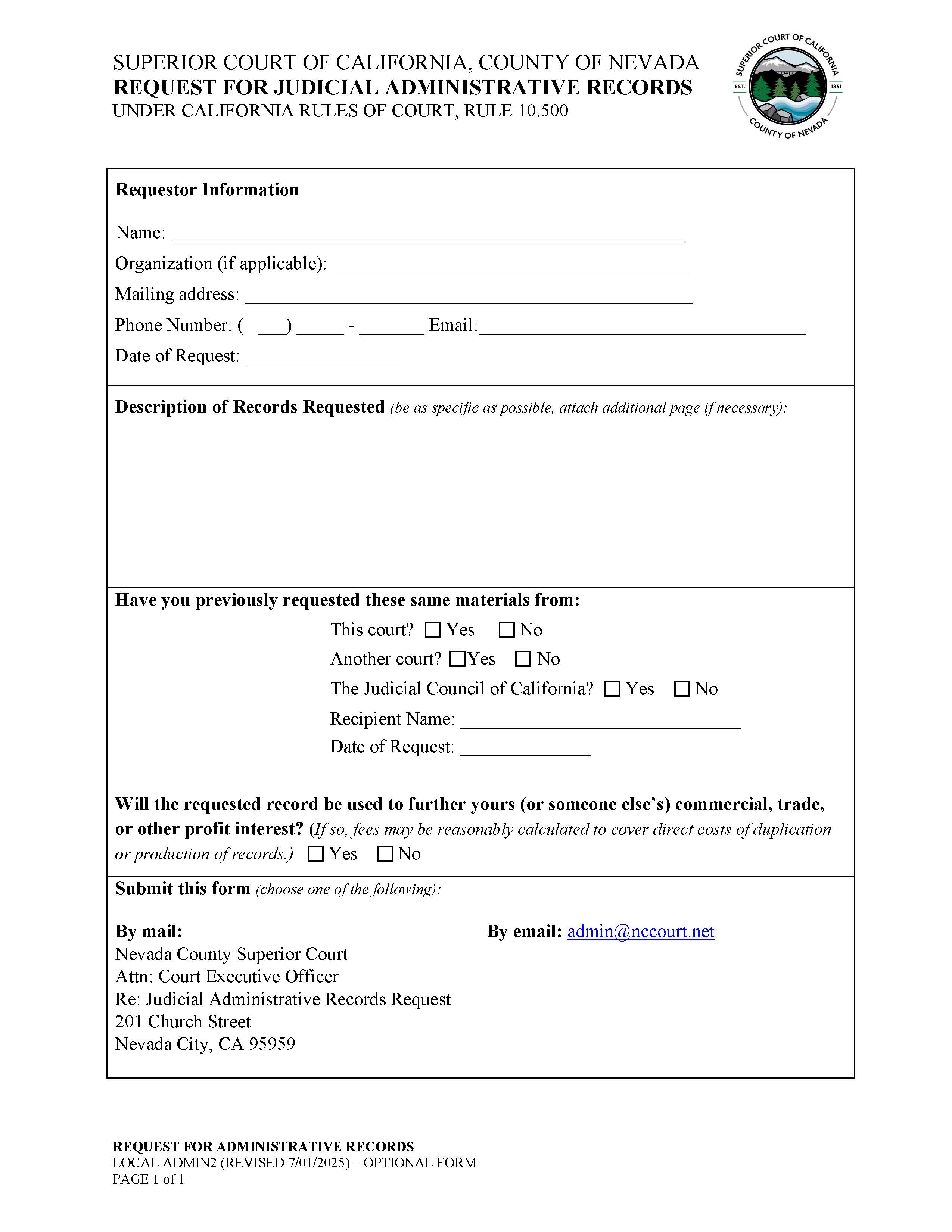 Records Request Form-Administrative Records {ADMIN2} | Pdf Fpdf Docx | California