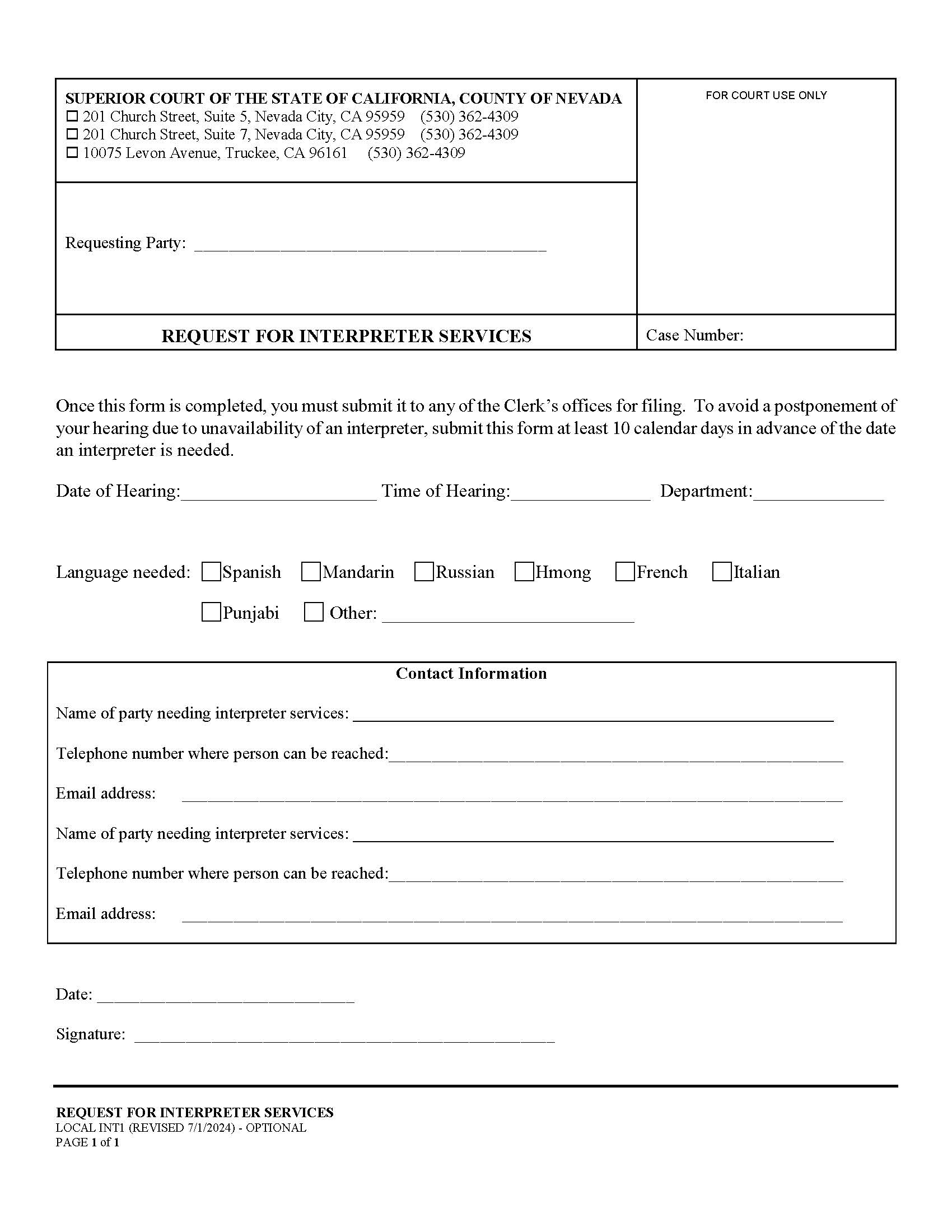 Request For Interpreter Services {INT1} | Pdf Fpdf Docx | California