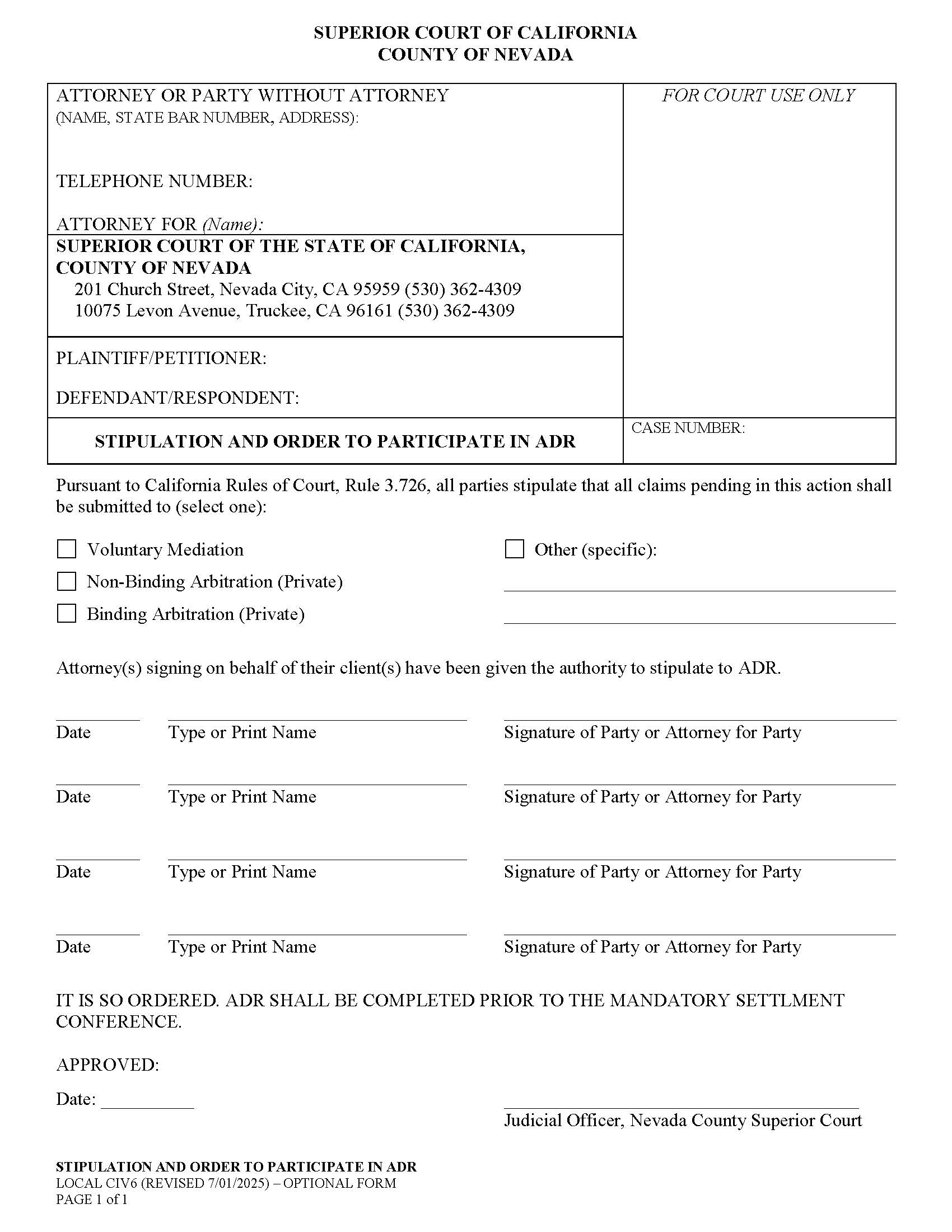 Stipulation And Order To Participate In ADR {CIV6} | Pdf Fpdf Doc Docx | California