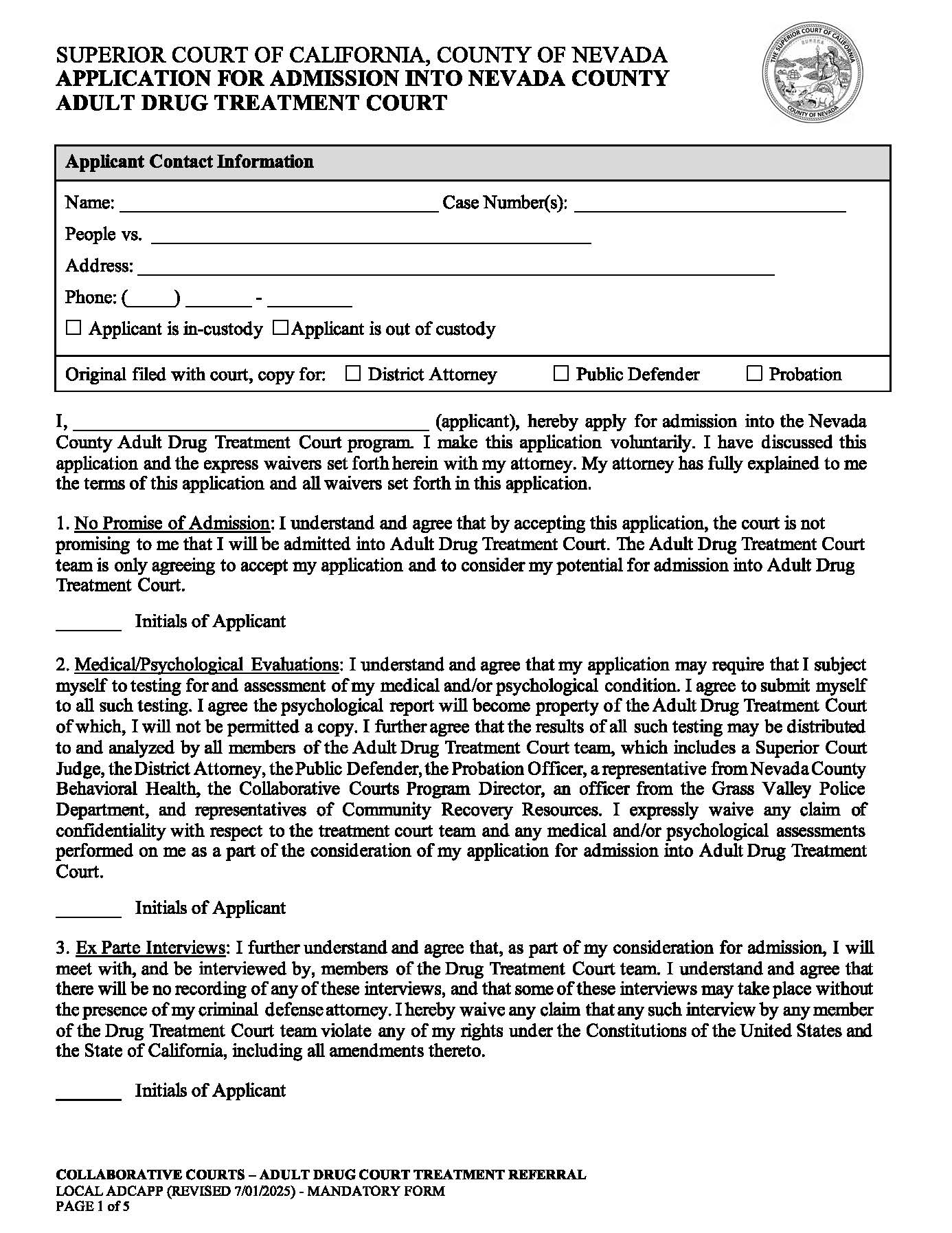 Collaborative Courts-Adult Drug Court Application {ADCAPP} | Pdf Fpdf Docx | California