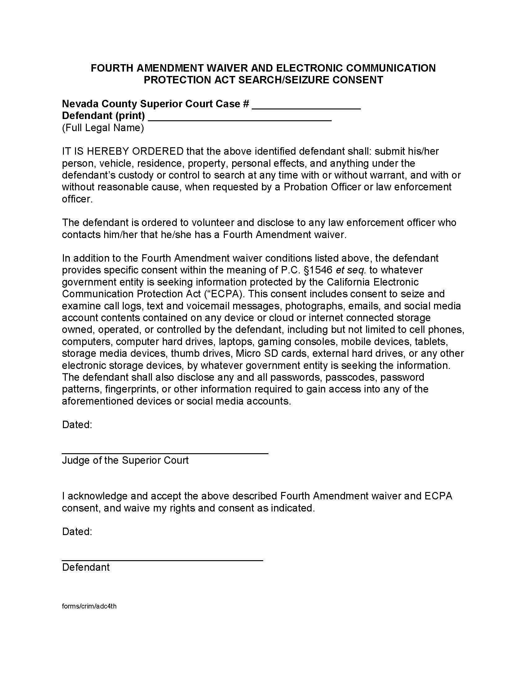 Collaborative Courts-Adult Drug Court Fourth Waiver And ECPA Search {ADC4TH} | Pdf Fpdf Docx | California