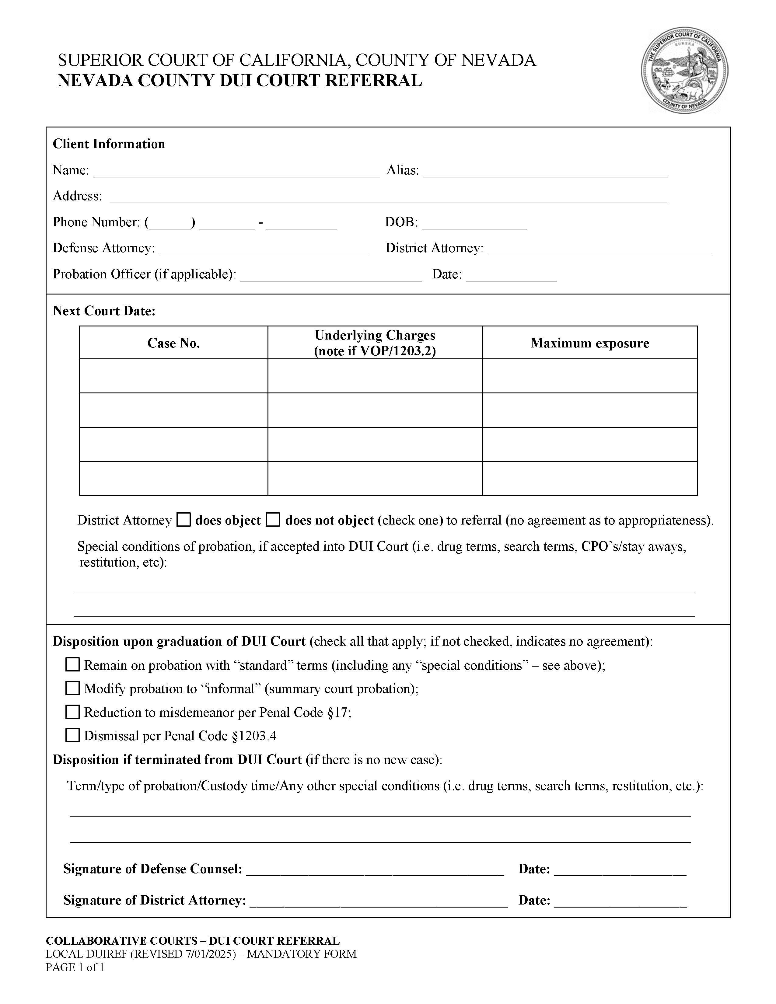 Collaborative Courts-DUI Court Referral {DUIREF} | Pdf Fpdf Docx | California