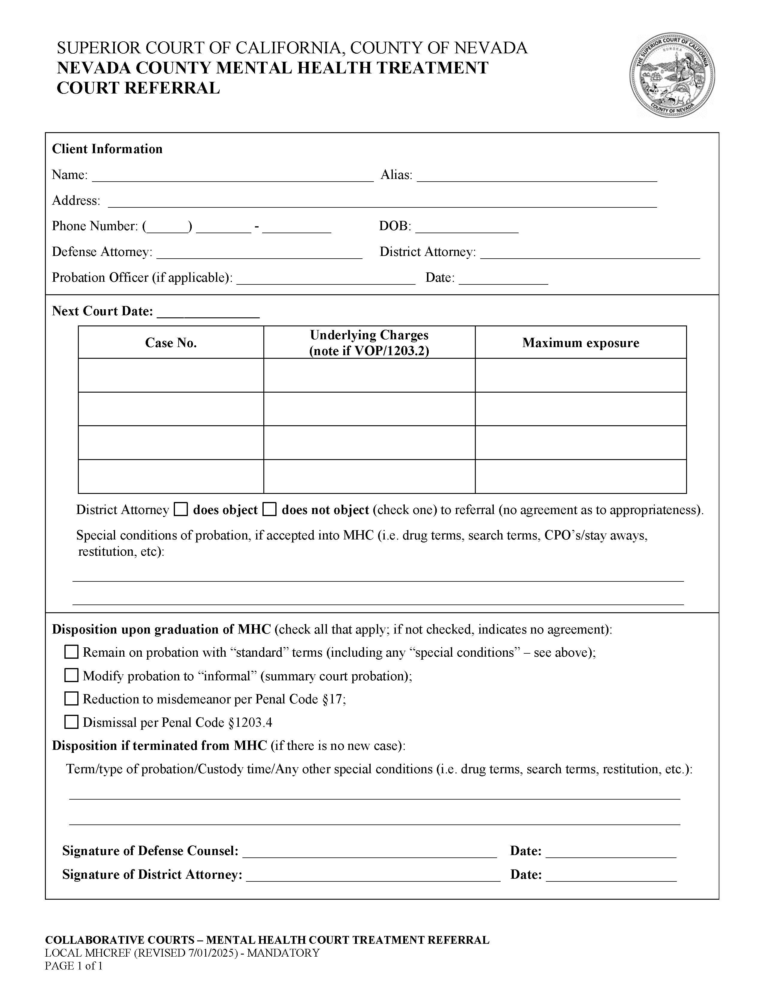 Collaborative Courts-Mental Health Court Referral {MHCREF} | Pdf Fpdf Docx | California